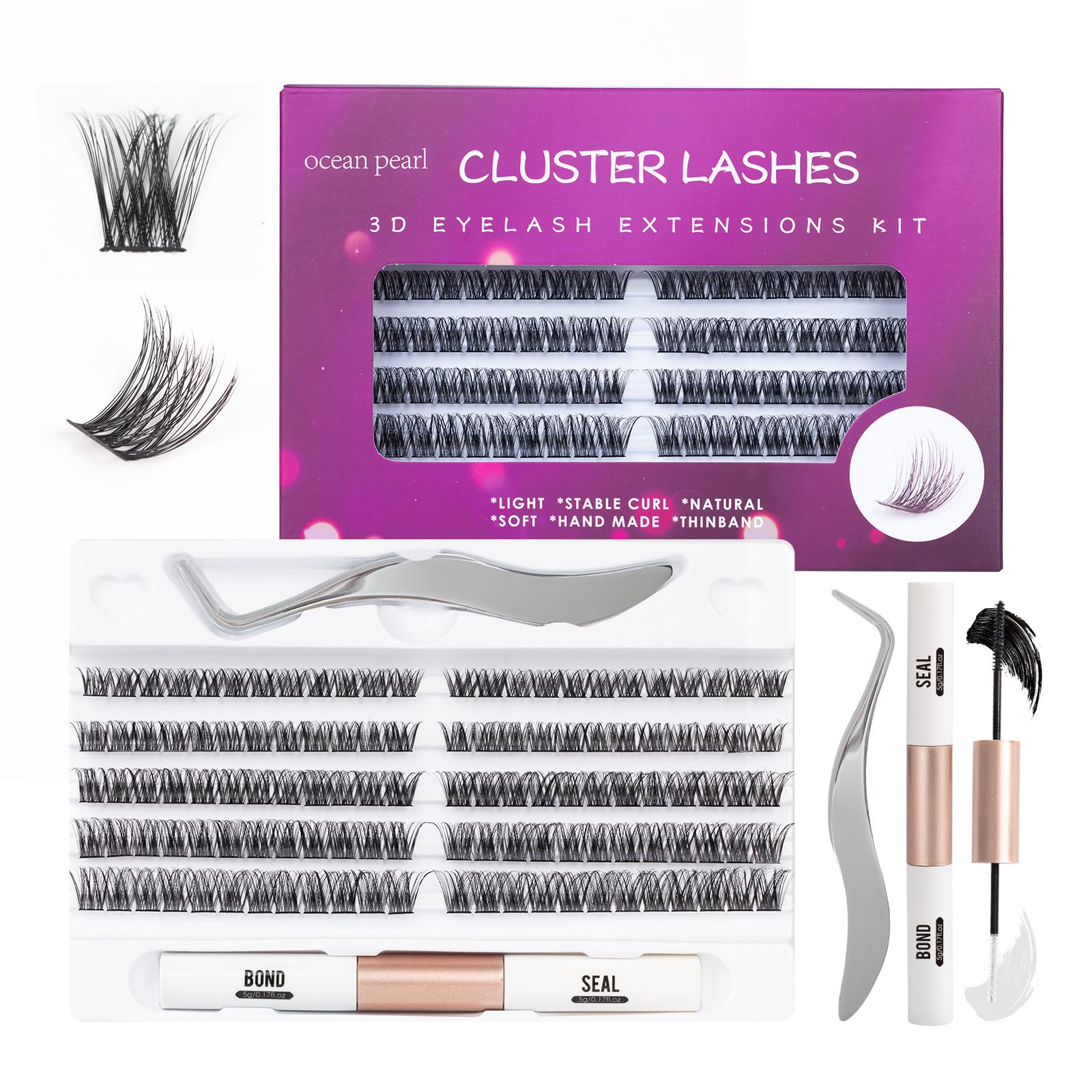 ocean pearlIndividual Eyelashes 120 Cluster Lashes DIY Eyelash Extension Thin Band Wide Stem Lash Clusters with Tweezers and Super Bond and Seal Lash Extensions Kit Mix 10-16mm Length C/D Curl-OP01