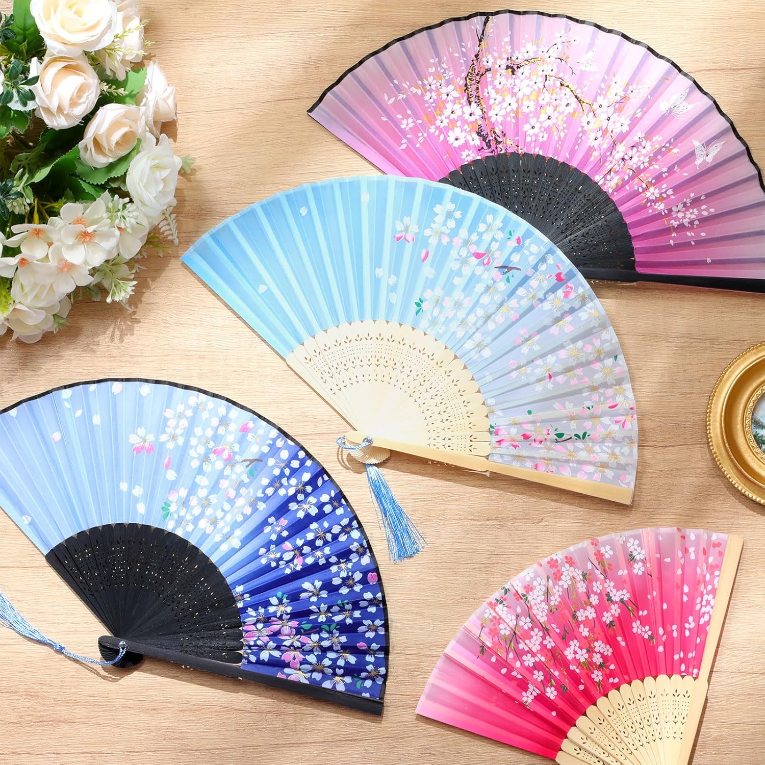 Zonon 4 Pack Handheld Floral Folding Fans Hand Held Silk Bamboo Fans with Tassel Women Hollowed Hand Foldable Fan with Fabric Sleeve for Dancing Wedding Decoration Gifts(Chic)