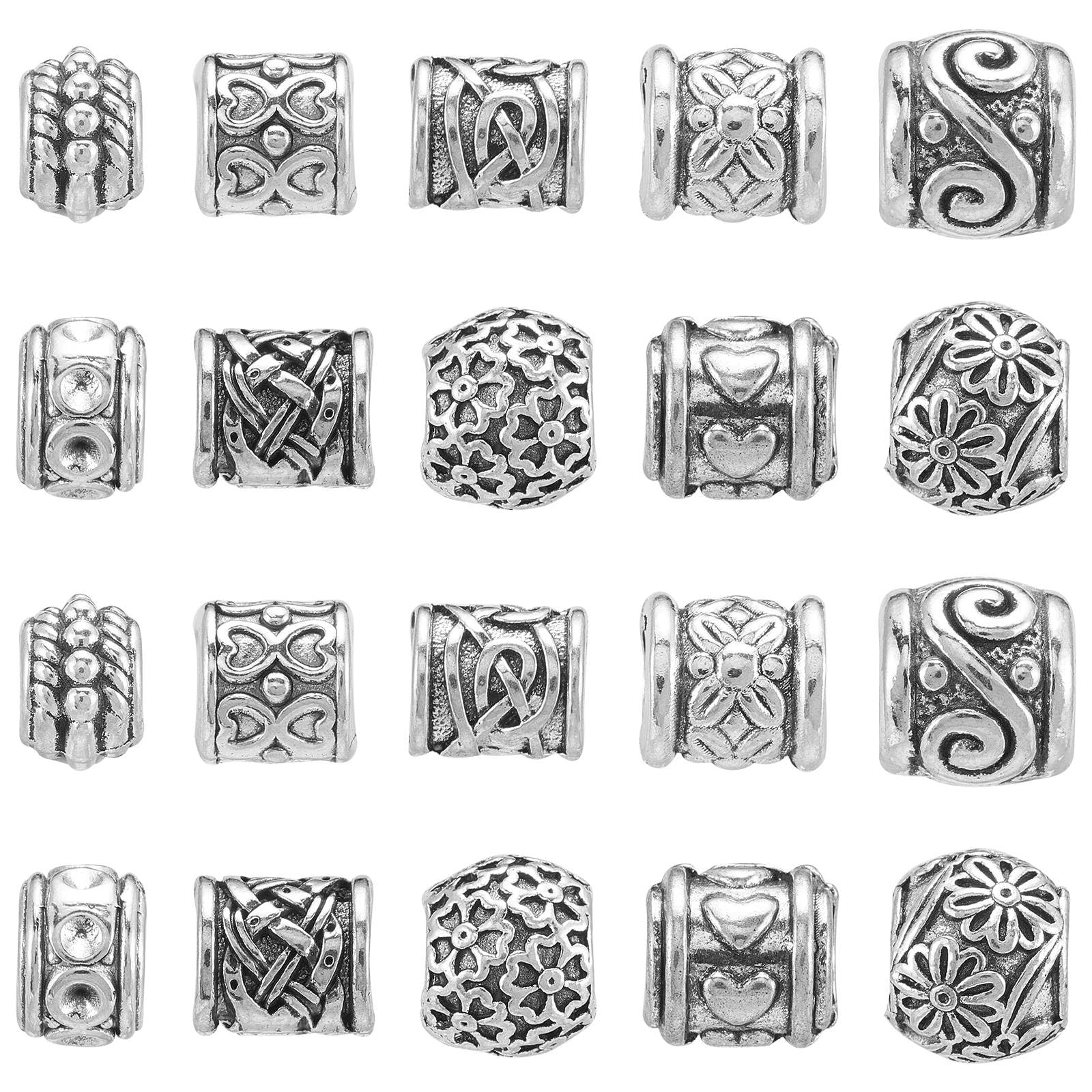 Stiesy 100pcs 10 Styles Antique Silver Spacer Beads Vintage European Tibetan Style Macrame Large Hole Beads for DIY Craft Bracelet Jewelry Making Bulk