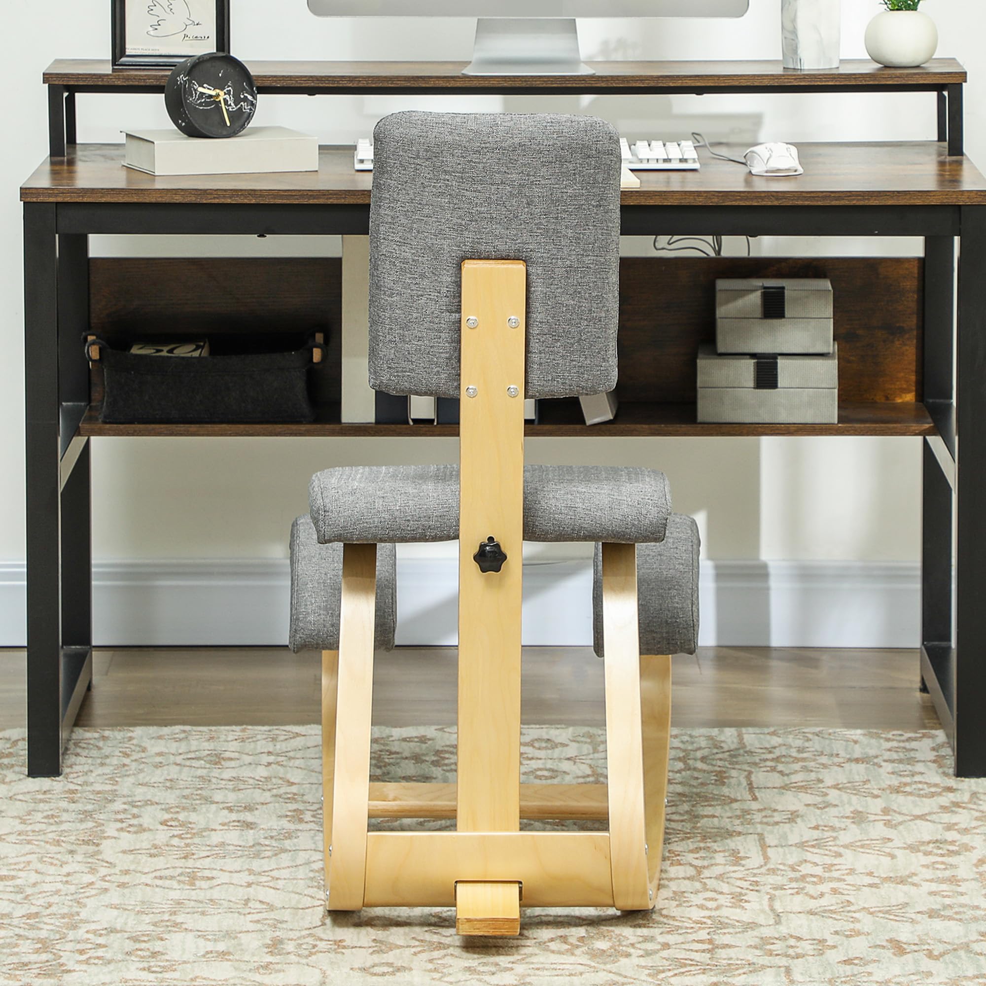 HOMCOM Sedia Ergonomica a Inginocchiatoio con Movimento a Dondolo, Sedia Ergonomica Imbottita Posturale in Tessuto Effetto Lino e Legno di Betulla, 51x84x93 cm, Grigio
