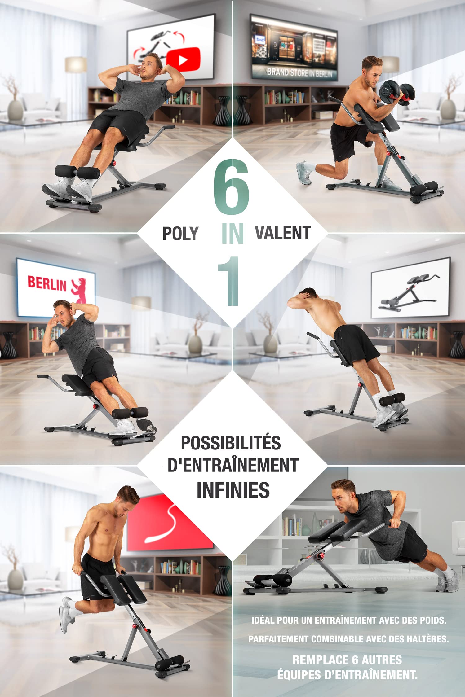 Sportstech BRT150 Entrenador de espalda y abdomen 6 en 1; ergonómico y ajustable; sistema único de bloqueo y fácil de plegar, diseño antideslizante, banco de pesas + fijación de piernas adaptable