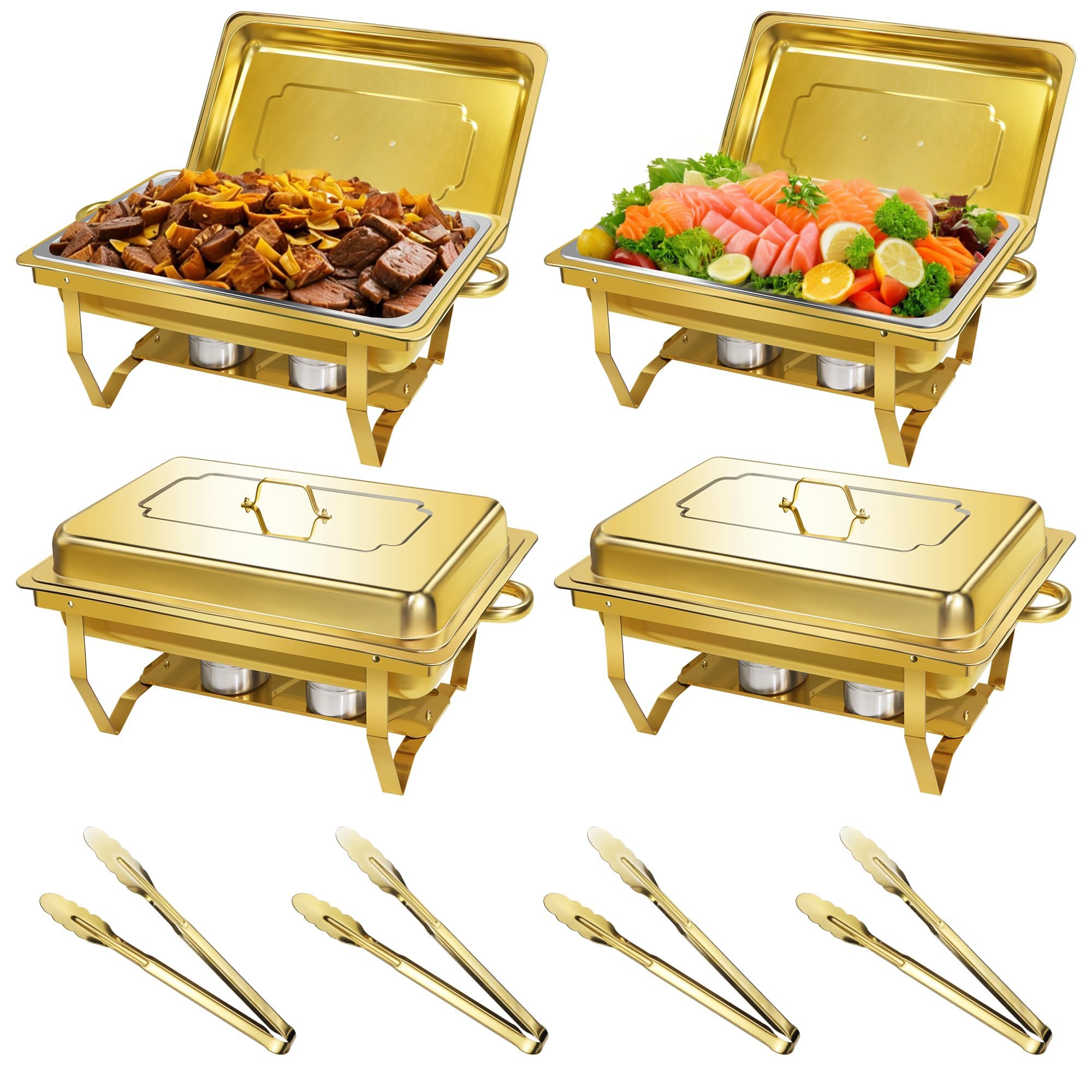 NKTOLEE Platos para bufé, paquete de 4 platos dorados de 8 cuartos de galón, servidores y calentadores de buffet de alta calidad con pinzas doradas, calentadores de alimentos para fiestas, bufé