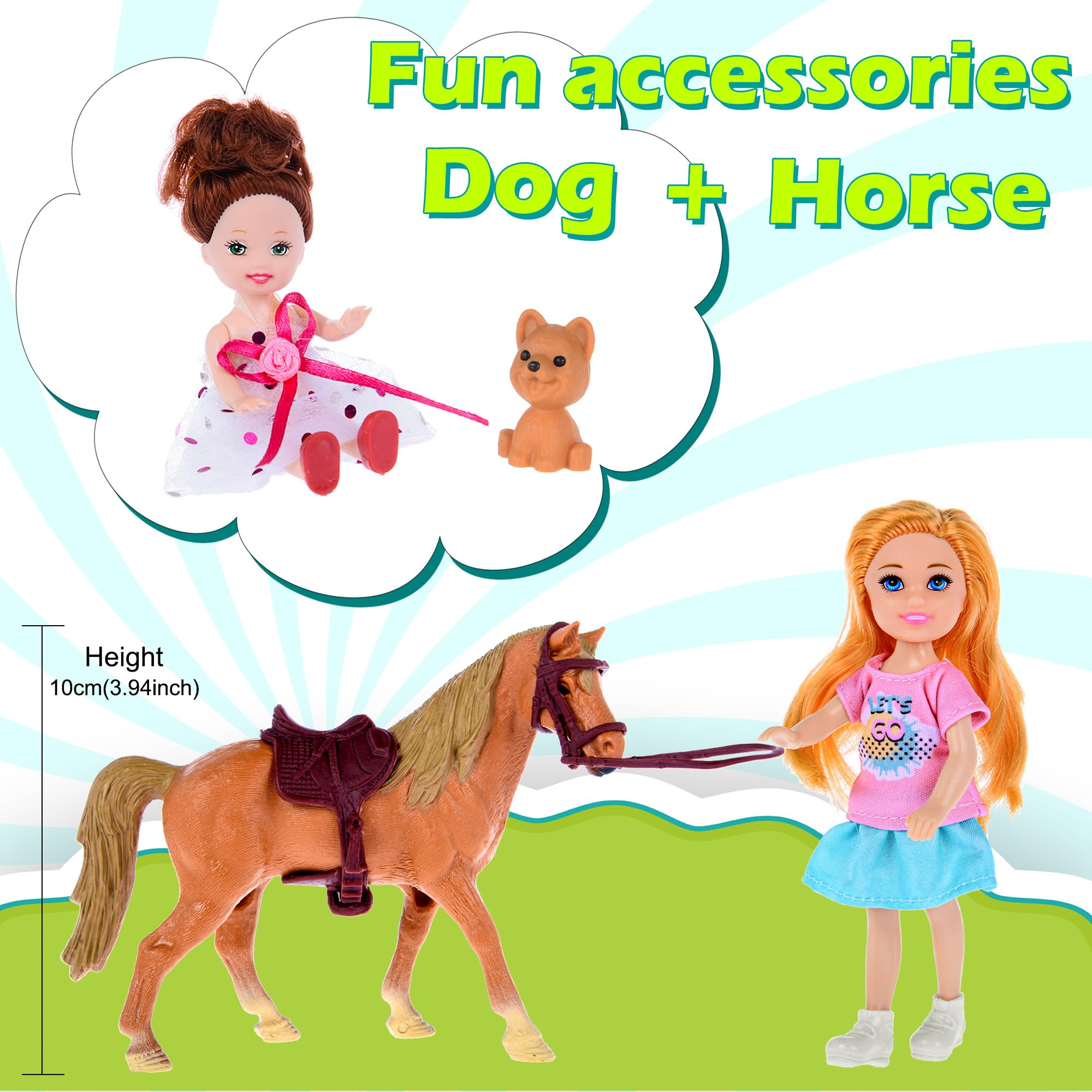 Juego de 7 muñecas familiares que incluyen mamá embarazada, papá, 4 niños, un bebé pequeño en la barriga de mamá, un cachorro y un caballo, juegos de muñecas y accesorios para niños pequeños 7
