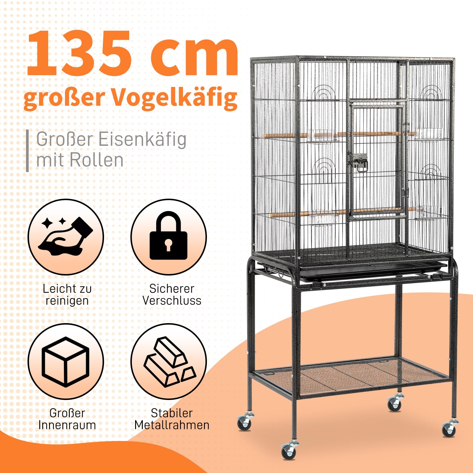 Vogelkäfig, vogelkäfig wellensittich mit Holzstangen und 4 Rollen, Voliere Mit herausziehbarer Reinigungswanne und Sicherheitsverriegelung, Schwarz, 64 x 41 x 135 cm