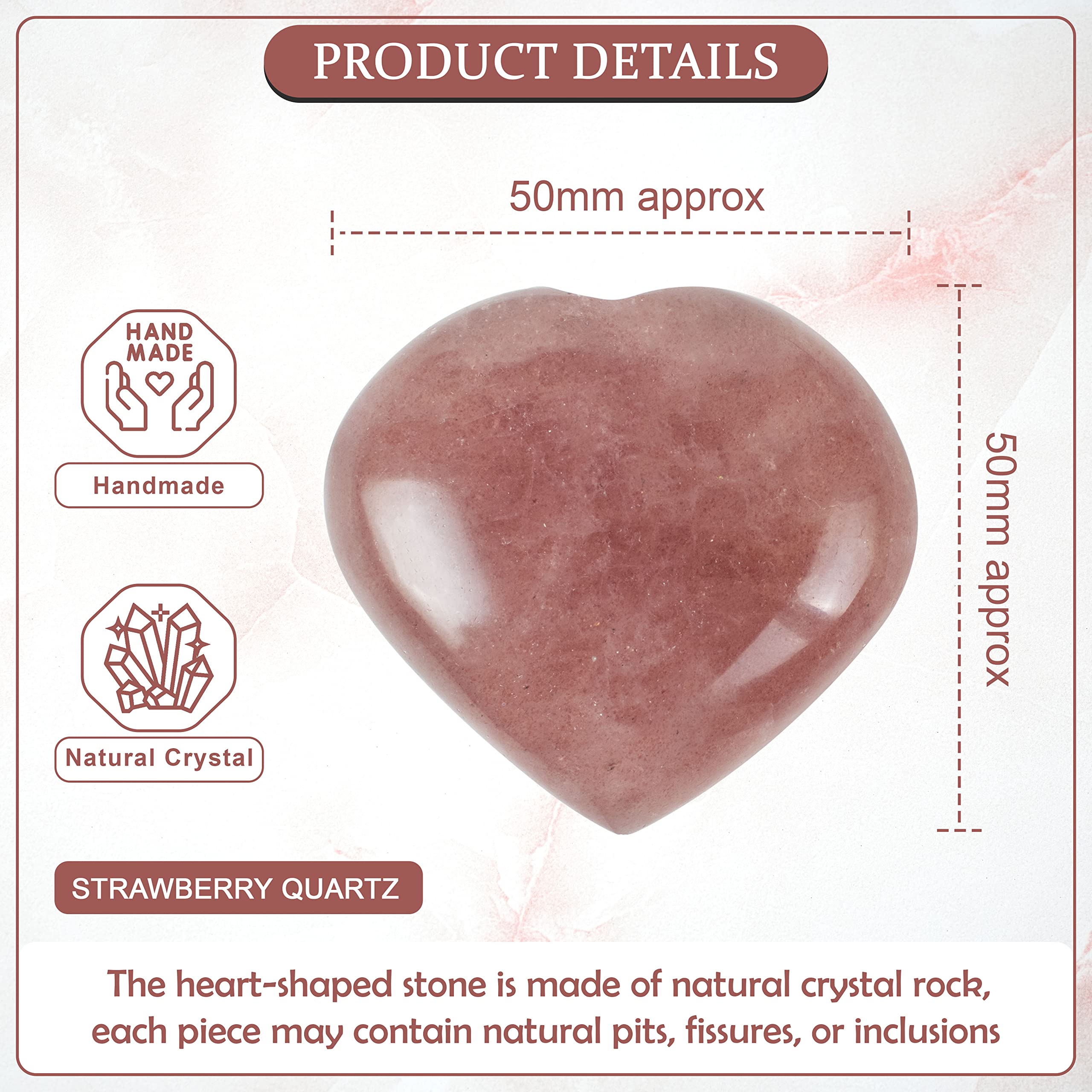 Crocon® 50mm Strawberry Quartz Heart stone Big Heart Shape Puff Stones Set 450+ Carats Pocket Crystal Healing Tumble Collection Palm Worry Stone Good Luck Charm Meditation Gift Craft Home Decor - Image 3