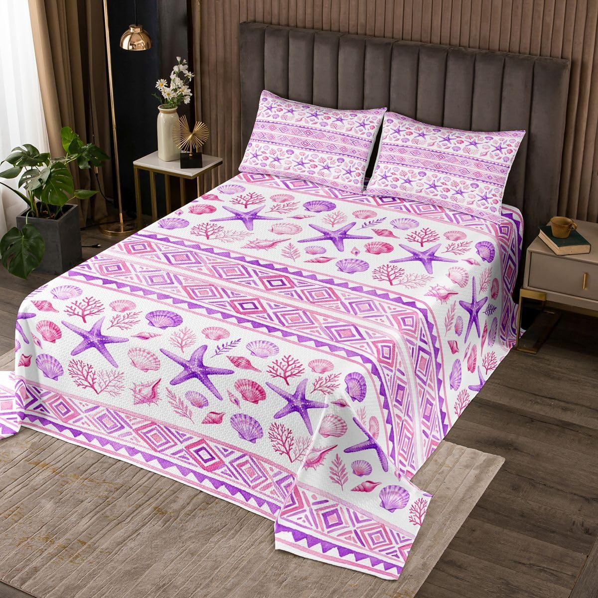 Homewish Retro Purple Grid Quilt Sets Twin Size,Starfish Shell Bedspread Coverlet 2Pcs for Kids Girls Boys Room Decor,Seaweed Coral Quilts Set Fantasy Underwater World Bedding Comforter,1 Pillowcase