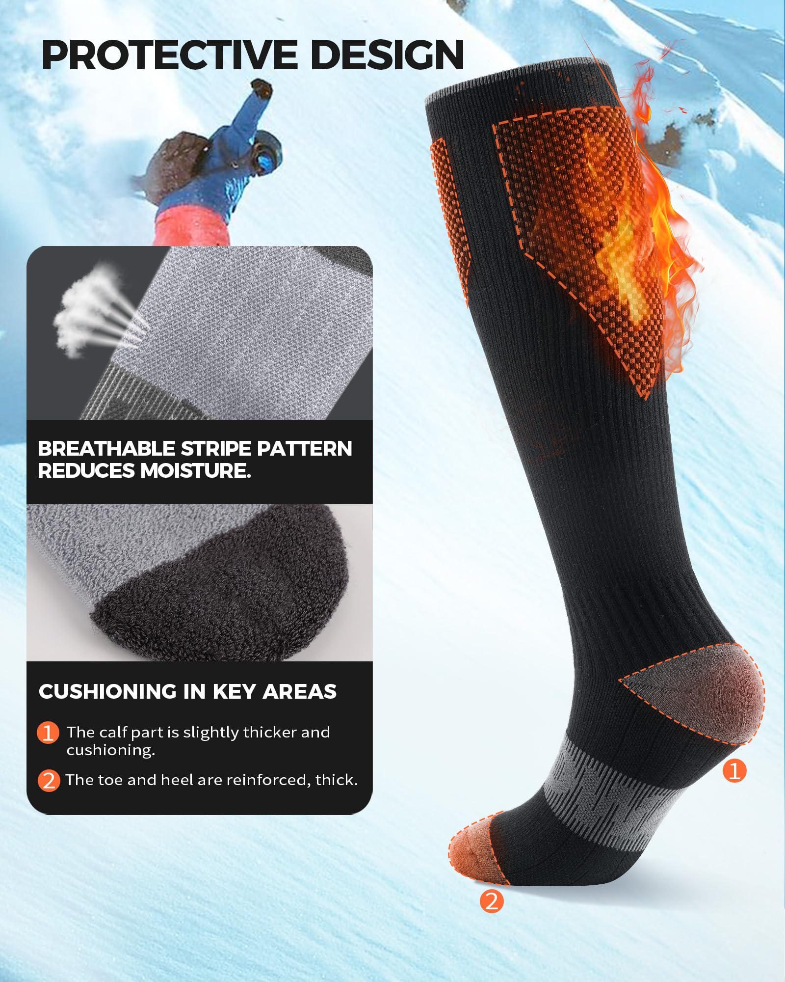 findway Lot de 2 paires de chaussettes de ski thermiques en laine mérinos pour le snowboard et l'hiver - Chaussettes chaudes pour homme et femme
