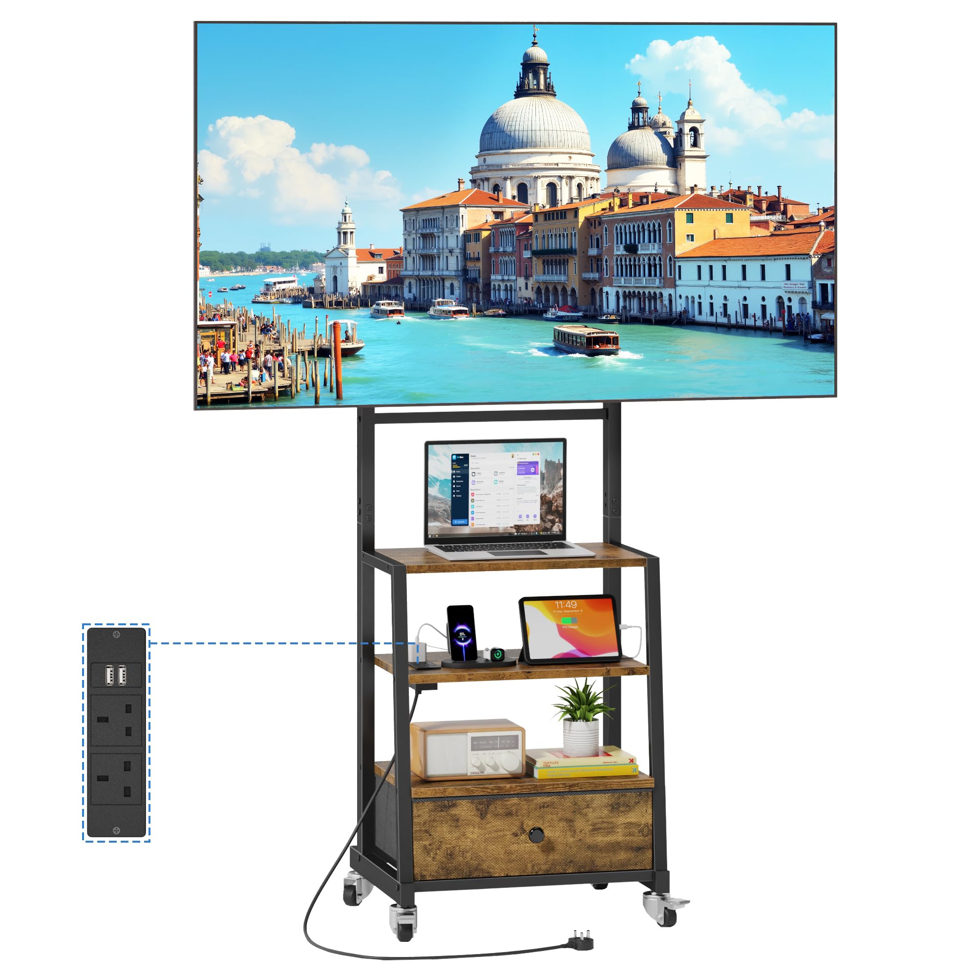 TV Stand on Wheels with Mount and Power Outlets, Rolling TV Stand Adjustable Height & Drawer Storage, for Bedroom, Living Room, Home Gym, Retro Brown (VESA 600mm x 400mm)