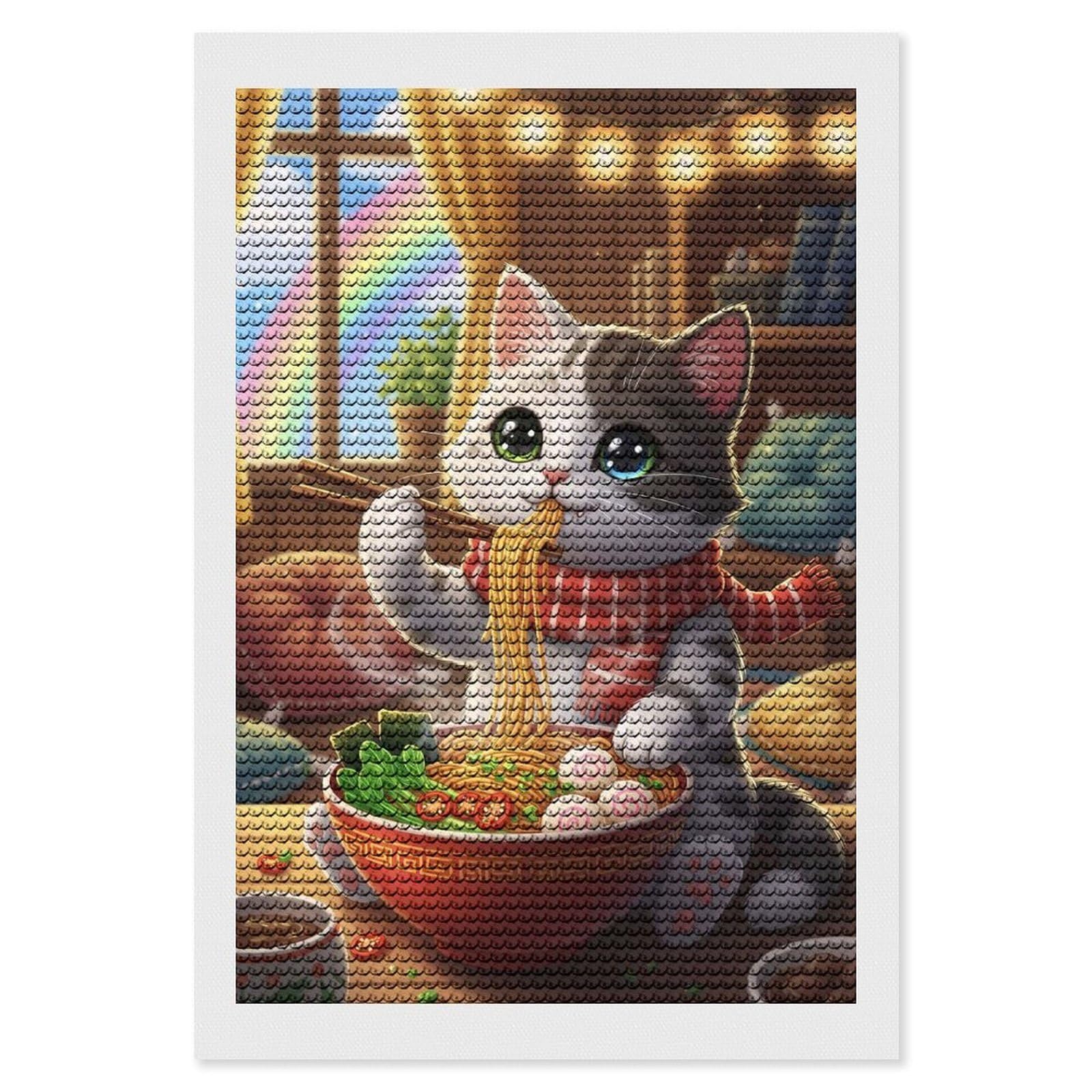 Junmoney Ramen Whiskers Cozy Cat & Noodles Diamond Painting Canvas Set 8"x12", for Adults, Decorate Your Room, Festive Craft Gift, Office Decor
