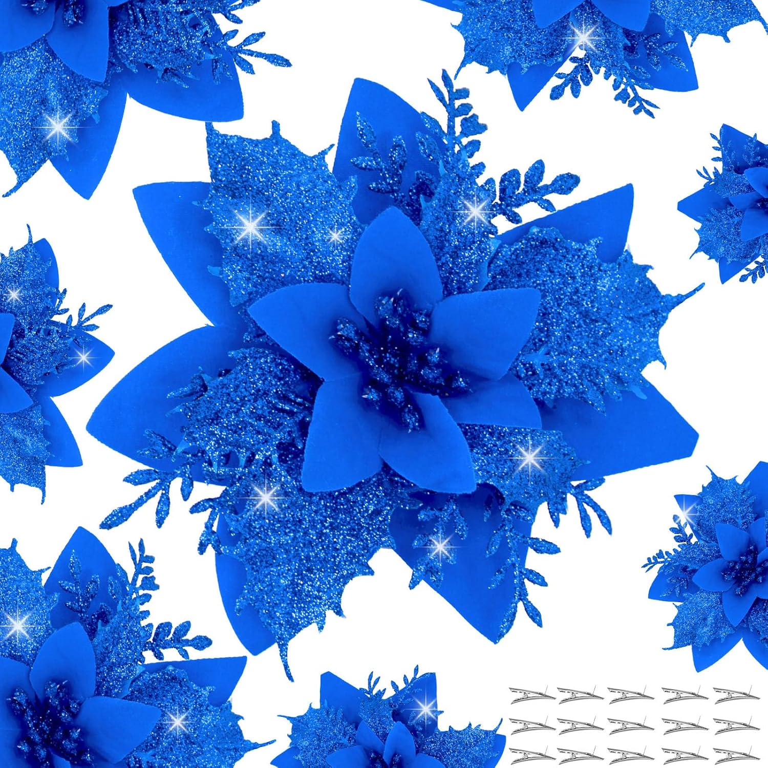 16 PCS Blue Poinsettia Flowers Glitter Poinsettias