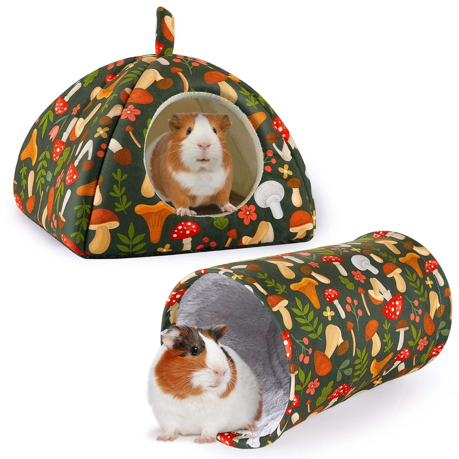 Bienbee Guinea Pig Hideout, Washable Rabbit Bed with Guinea Pig Tunnel, 2 Pack Guinea Pigs Toys Set Bunny Hideout Cage Accessories for Hamster Ferret Rabbits Bunny, Green Mushroom