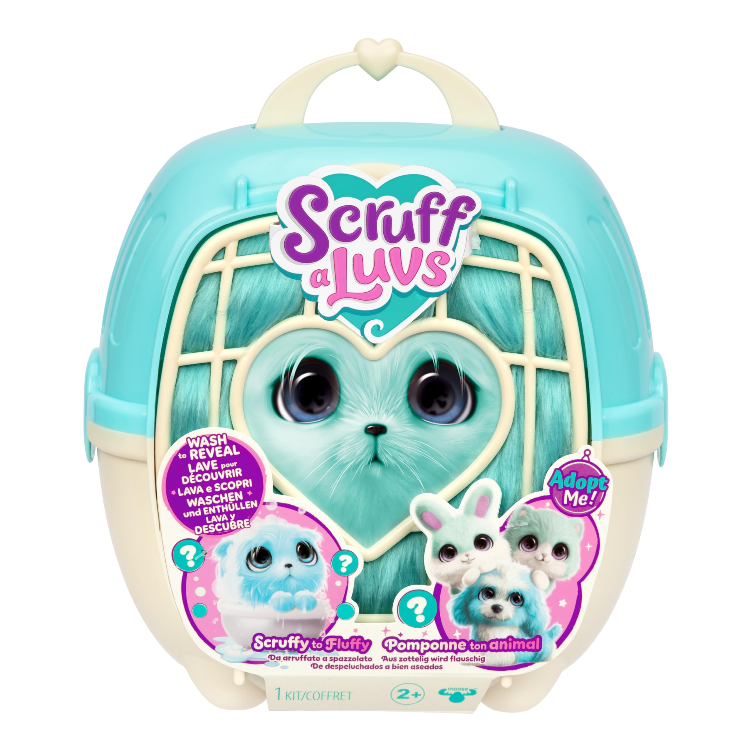 Scruffs de Compagnie ScruffaLuvs Bleu– Peluche mystère, 19 cm – Lave et découvre Un Chiot, Un Lapin ou Un Chaton – avec Caisse de Transport Deluxe de 22 cm