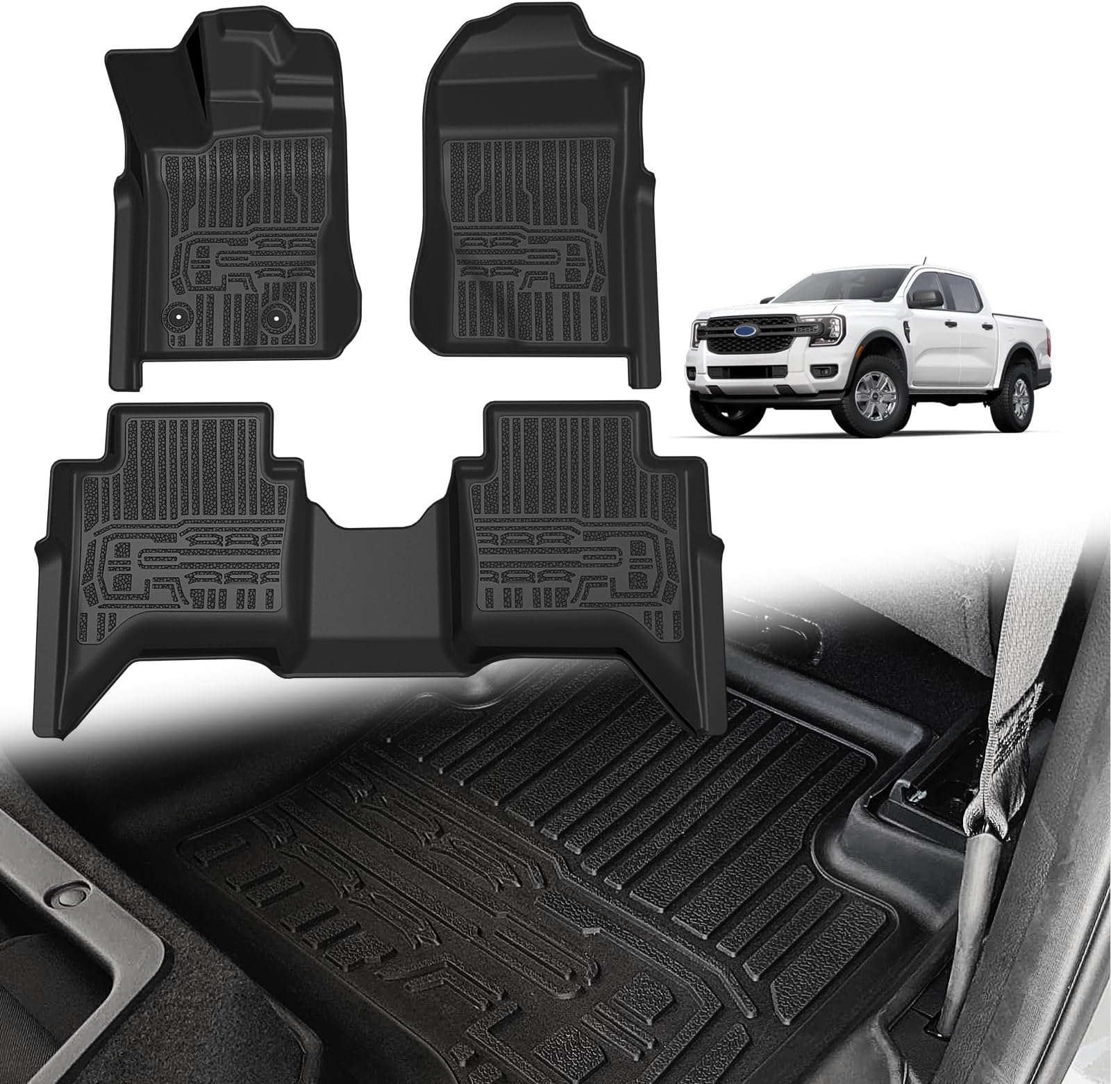 TripleAliners Floor Mats Compatible with Ford Ranger 2024-2025 SuperCrew Accessories All Weather Custom Fit 1st & 2nd Row TPE Truck Floor Liners Black