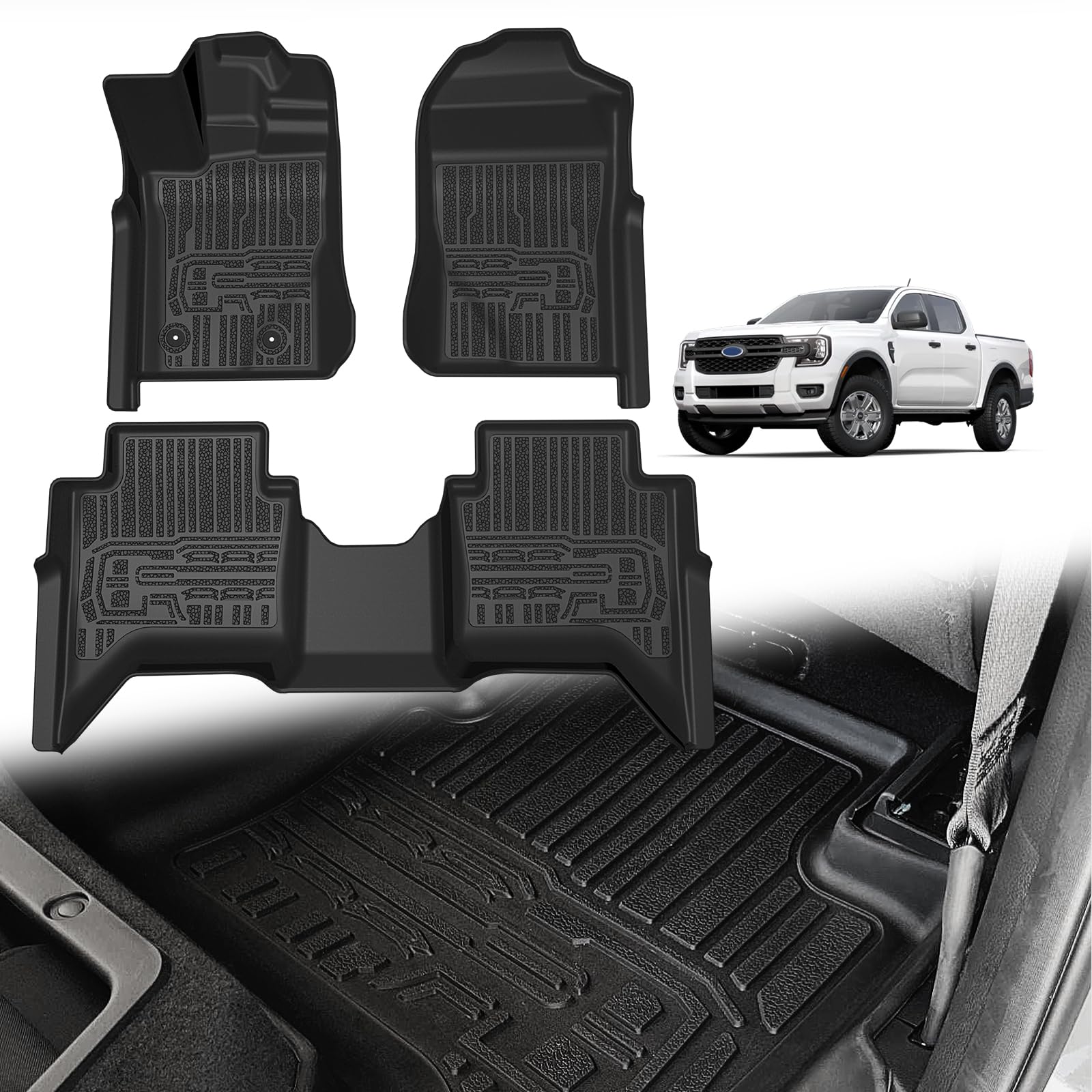 TripleAliners Floor Mats Compatible with Ford Ranger 2024-2025 SuperCrew Accessories All Weather Custom Fit 1st & 2nd Row TPE Truck Floor Liners Black
