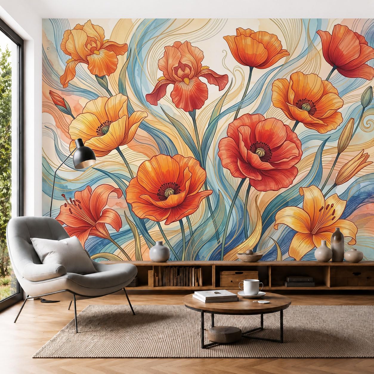 Carta da parati fotografica Fiori boemi Murale stile Linee astratte di fiori di papavero | 300x210cm (LxA) Poster grande per soggiorno camera da letto sfondo TV parete decorazione casa