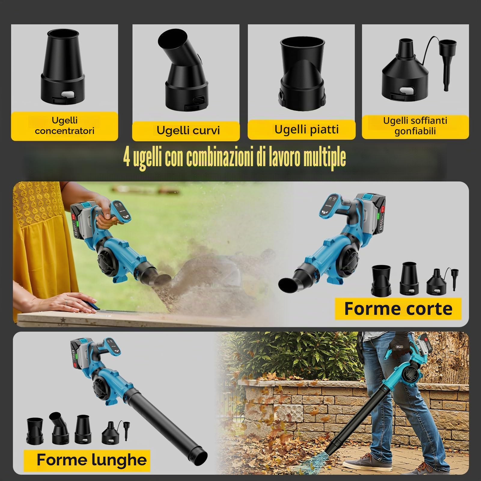 21V Soffiatore a Batteria Elettrico con 4 Ugelli, Soffiatore Foglie a Batteria Elettrico Compatto a 3 Velocità con 2 Batterie da 3Ah e Caricatore, Corpo Macchina Regolabile con Rotazione di 270°