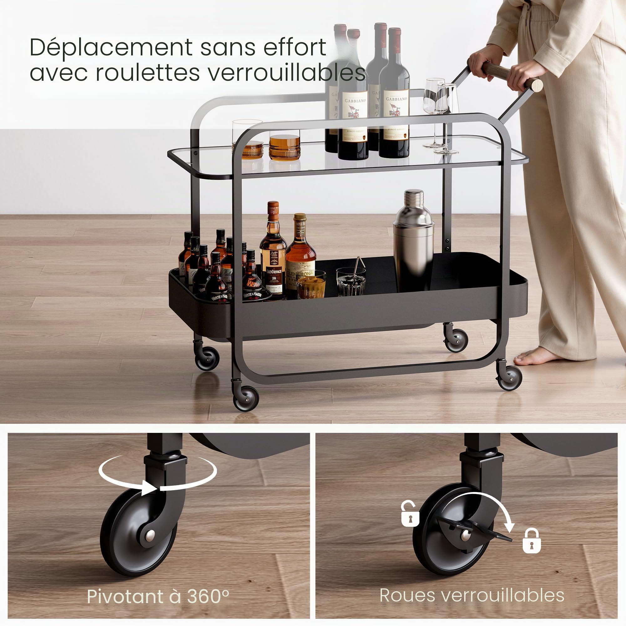 Chariot de Bar 2 Niveaux, Table Roulante pour Boissons avec Plateau en Verre Trempé et Porte-Bouteilles, Bar Roulant avec Roues Freinables, Chariot de Rangement pour Cuisine, Salon, Noir