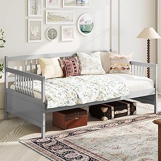 Giantex Twin Daybed Frame, Wooden Sofa Bed Guest Bed with Rails & Wood Slat Support, Dual-use Twin Size Platform Bed Frame for Living Room Bedroom, No Box Spring Needed, Grey