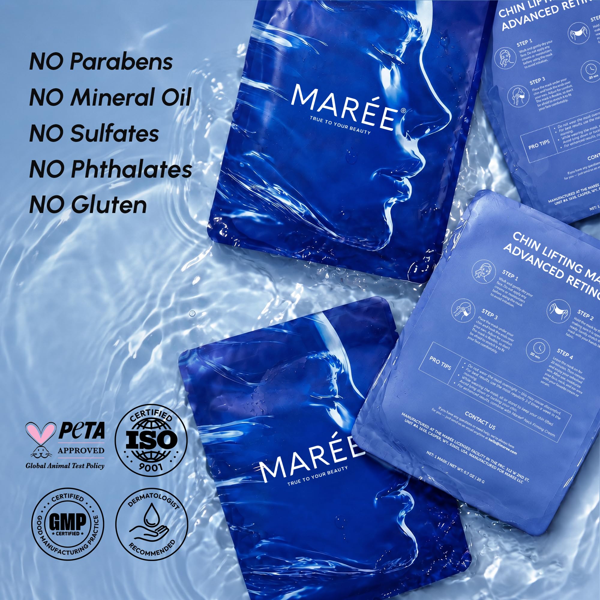 MAREE V Line - Maschera per lifting facciale al retinolo e nastro per sollevamento del collo, riduttore del doppio mento e modellatore della mascella, maschera facciale al collagene al retinolo per