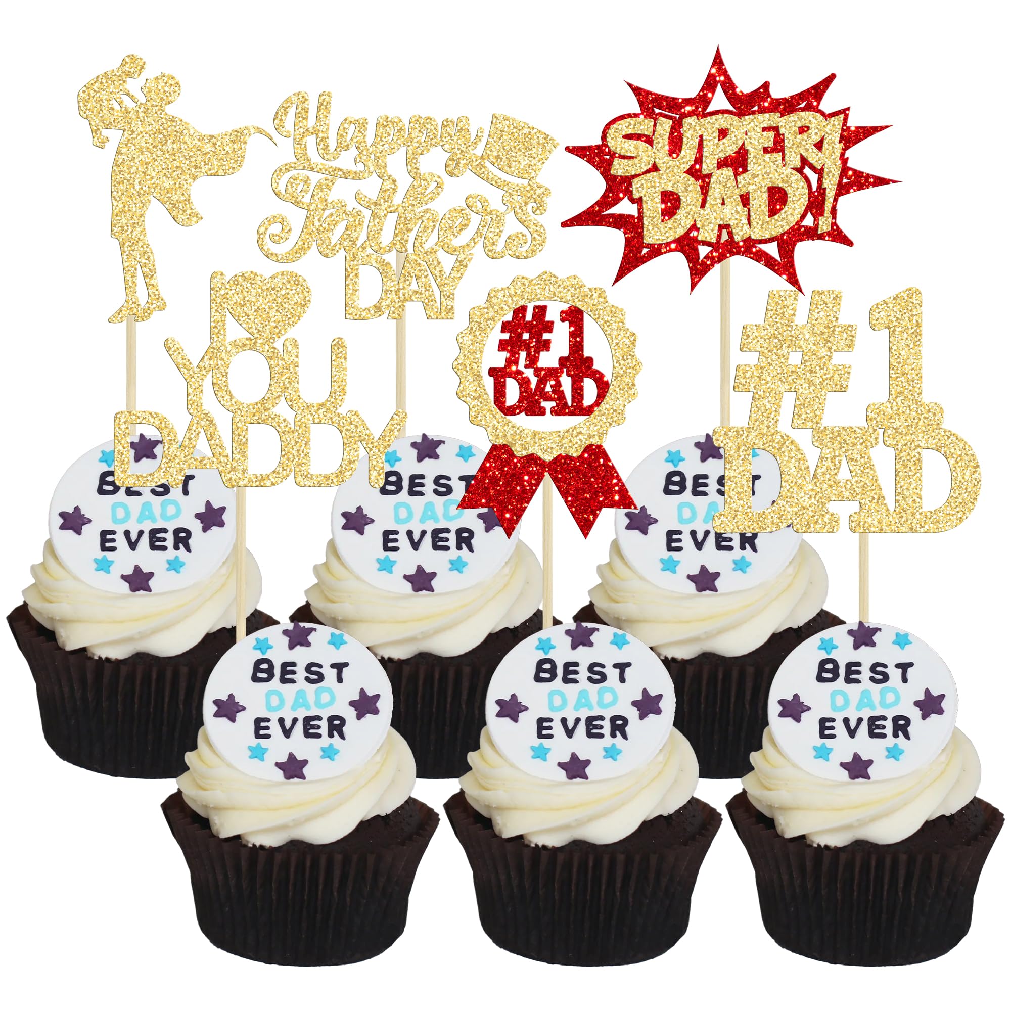 24 PCS Happy Father's Day Cupcake Toppers Gold Glitter Super Dad Cupcake Picks I Love You Daddy Birthday Decorations for Father's Day Dad Birthday