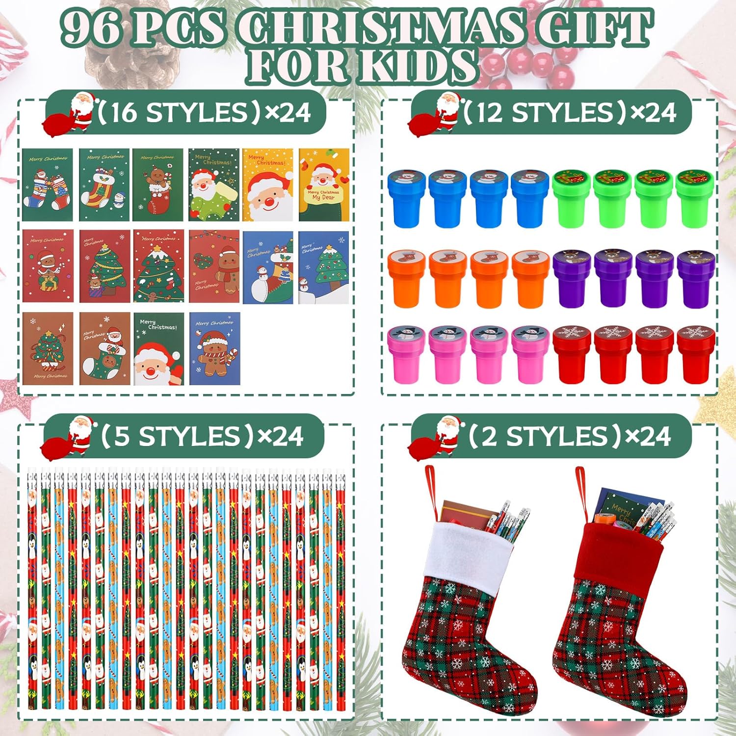 96 Pcs Christmas Stationery Party Favors Xmas Bulk Gifts Stuffers Includes Small Christmas Stockings Pencils with Erasers Stampers Notebook for Xmas Gift Exchange Prize