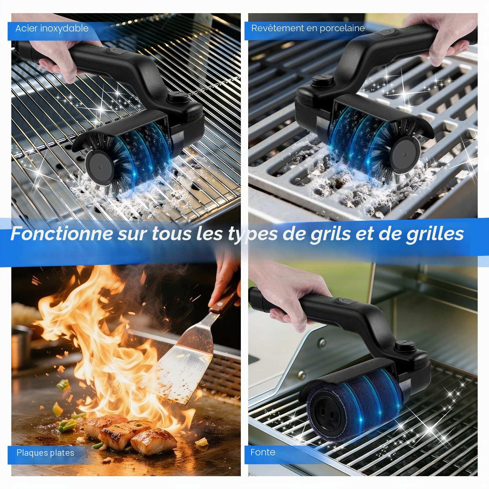 Brosse Électrique pour Barbecue, Brosse de Nettoyage de Gril sans Fil avec 3 Vitesses et 2 Brosse, 180° Réglable, Rechargeable Nettoyeur de BBQ en Acier Inoxydable pour Grilles de Barbecue