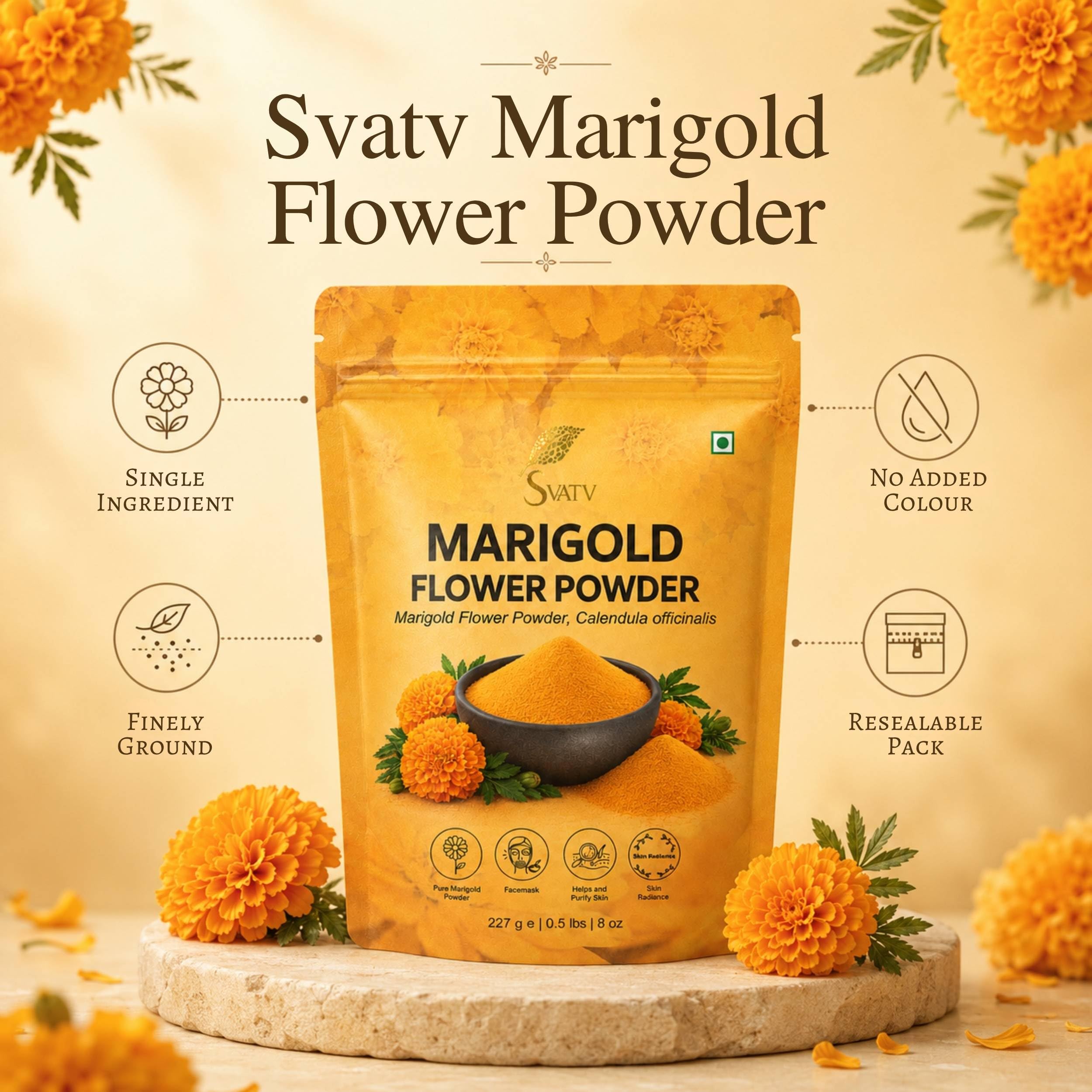 Marigold Powder | Polvo De Caléndula | Exfoliación De La Piel | Alivia Las Impurezas De La Piel | Aprieta La Piel | Sin Parabenos Ni Sulfatos - 227g