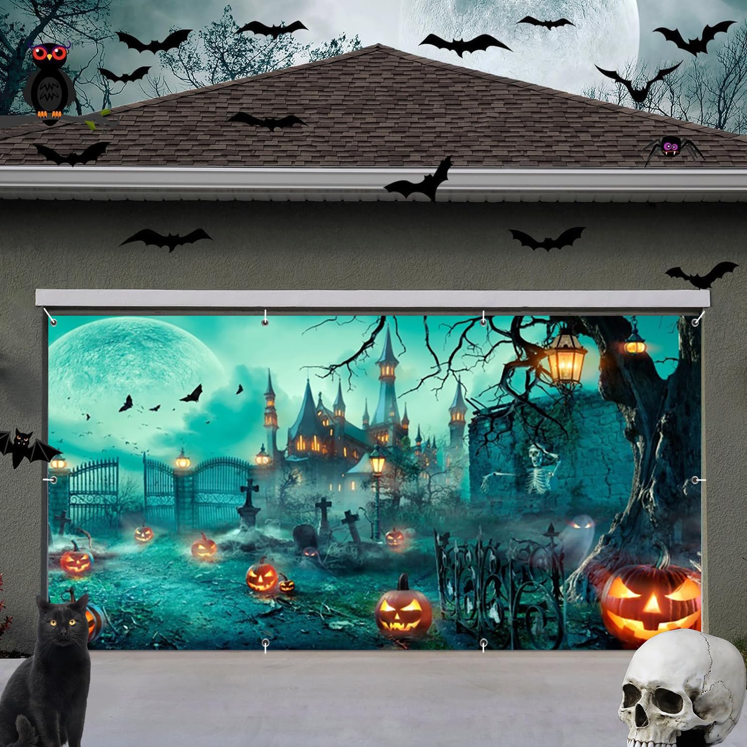 Halloween Garage Door Cover Decorations Banner Backdrop 7x16ft Scary Halloween Backdrop, Large Hanging 2 Car Garage Door Cover,Horror Cemetery
