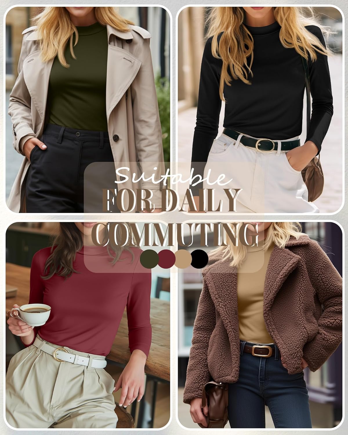 Neer 4 Pack Women's Mock Turtleneck Shirts Long Sleeve Pullover Tops Stretch Cotton Basic Layering Loose Fit Undershirt Tee - Image 4