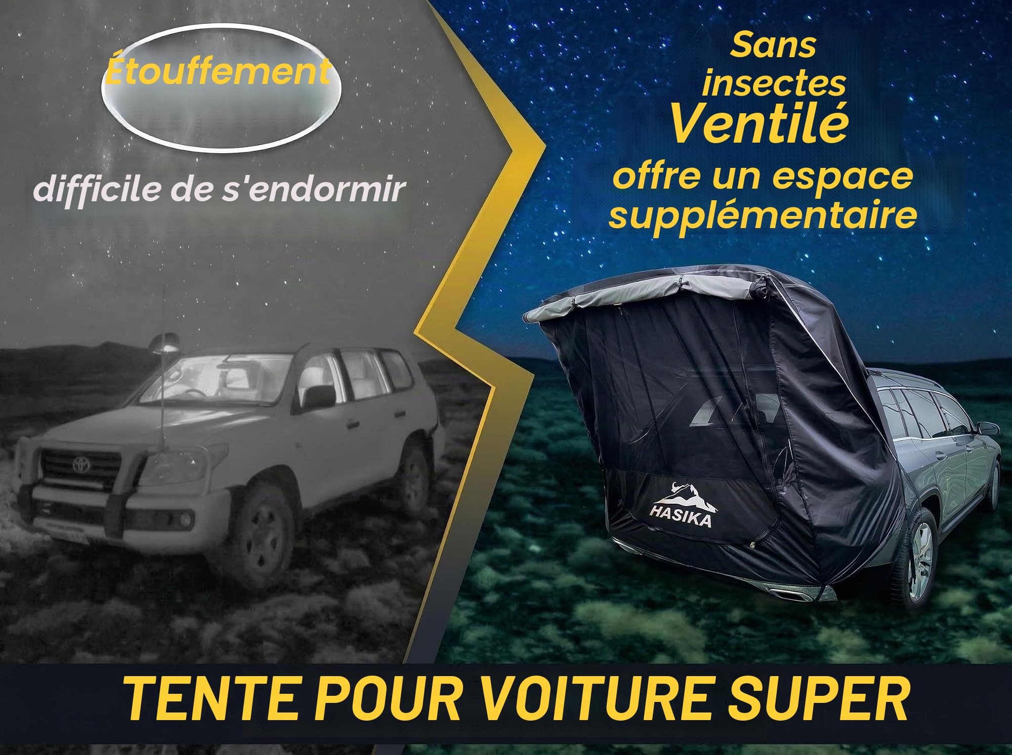 Hasika Tente de Camping pour SUV, auvent de hayon avec Filet de Taille Moyenne à Pleine Grandeur, SUV, Van imperméable, 3000 mm, UPF 50+, Noir