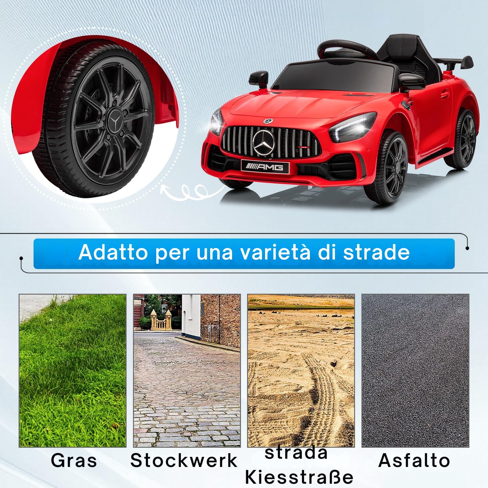 LALAHO Mcchina Elettrica Per Bambini Mercedes AMG GTR 12V con Doppi Motori, 3-5km/h Auto Elettrica per Bambini 3-5 Anni, Sospensioni, MP3, Telecomando (Rosso)