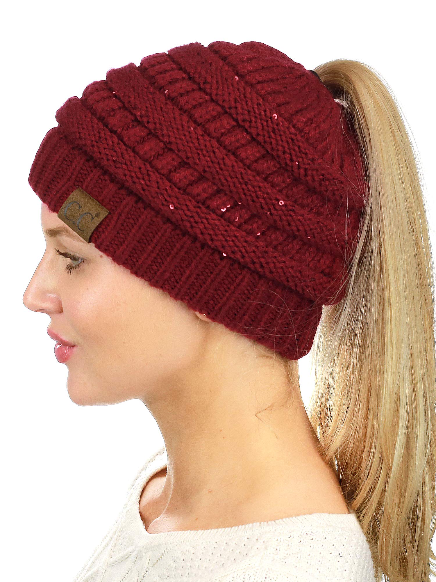 C.CBeanieTail Sparkly Sequin Cable Knit Messy High Bun Ponytail Beanie Hat