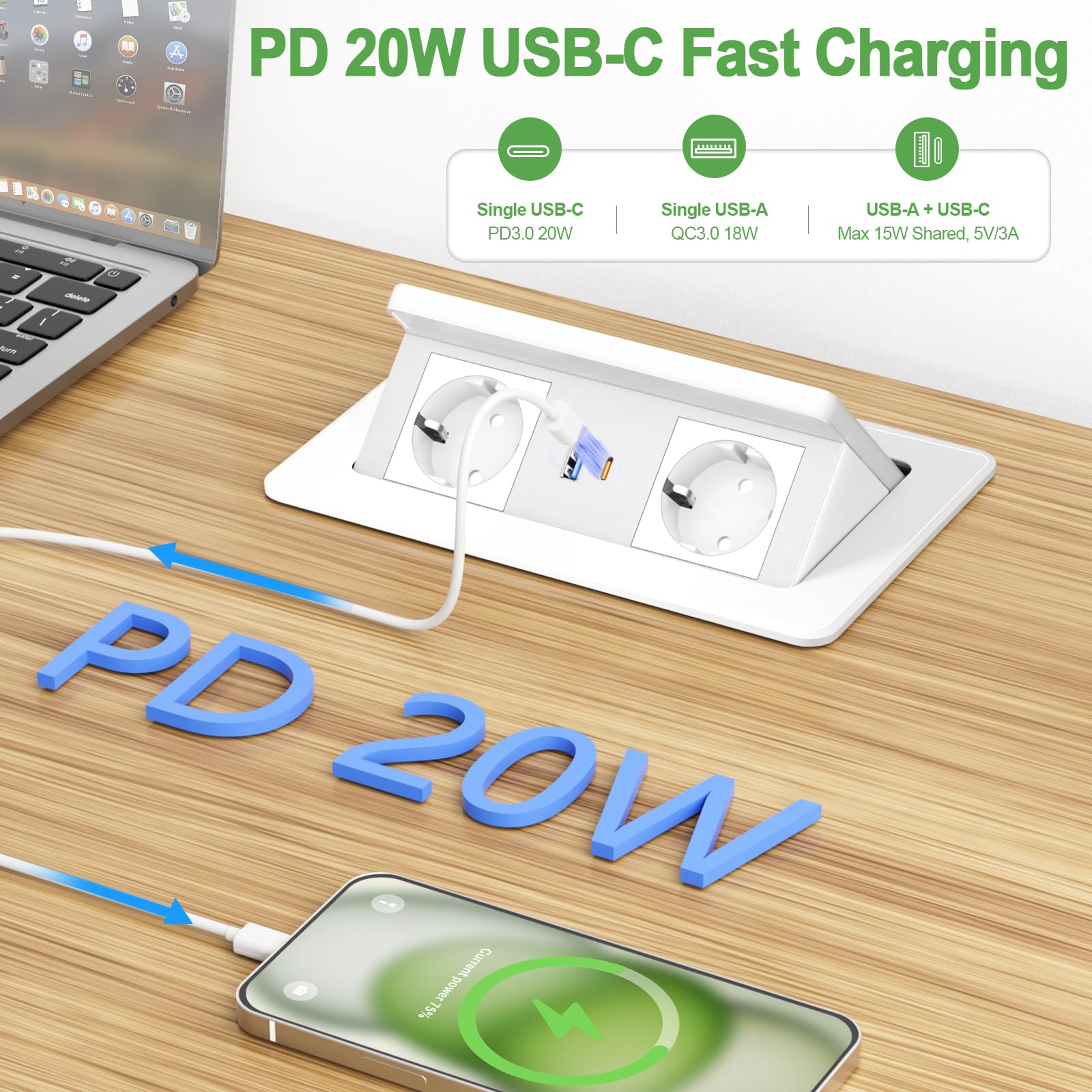 Prise Encastrable Plan de Travail avec USB C PD 20 W et 15 W - Chargeur sans Fil, Multiprise Encastrable Plan de Travail USB C pour Table de Canapé, Maison Bureau - Câble de 1,8 m, Blanc