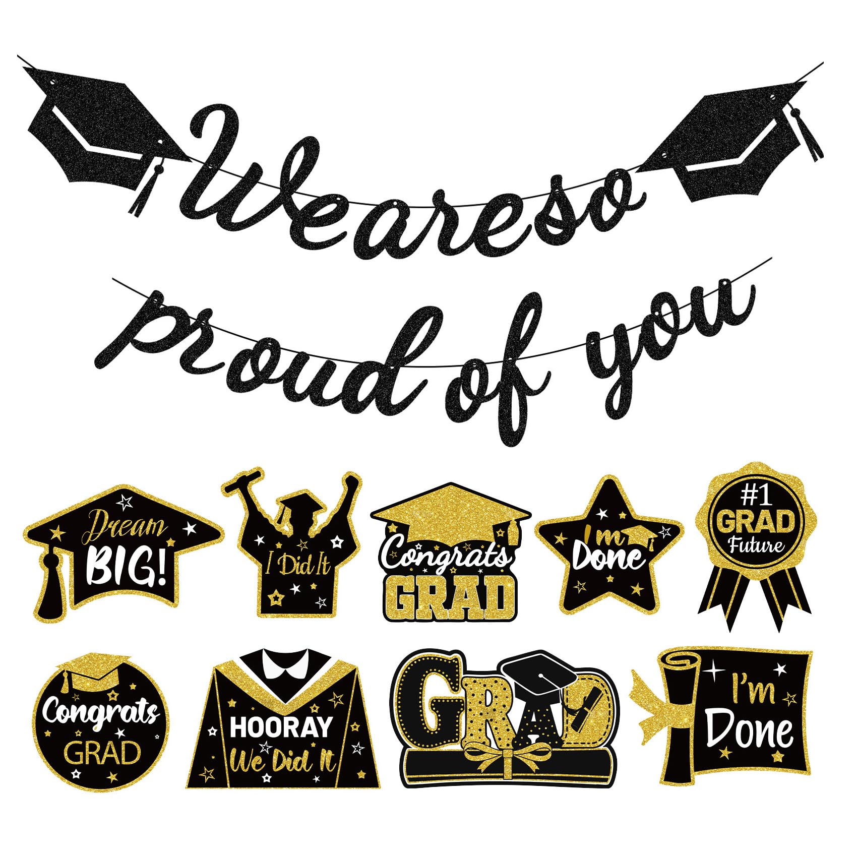 Photo 1 of ***STOCK PHOTO FOR REFERENCE ONLY**Graduation Decorations 2026 - Class of 2026 Party Supplies Kit with Pre-Strung Black and Gold Glitter "We Are So Proud of You" Banner & Congrats Grad Cutouts Signs for High School, College, Home & Car
