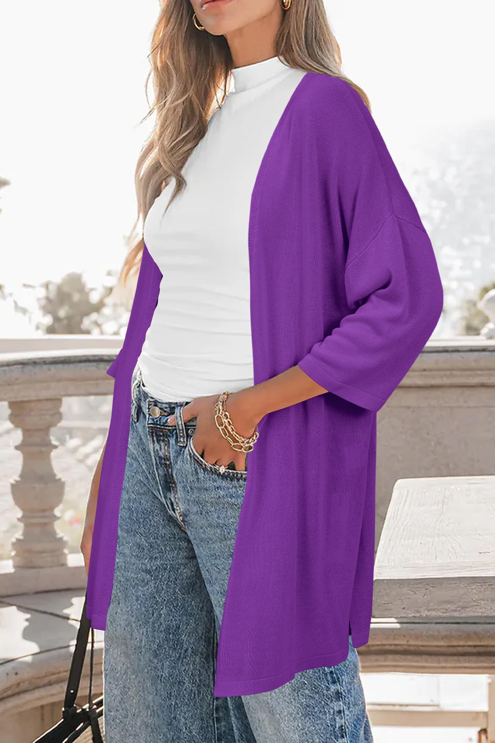 Arach&Cloz Cardigan da Donna Lungo Leggero Casual Manica 3/4 Aperto sul Davanti Cardigan Estivo da Spiaggia