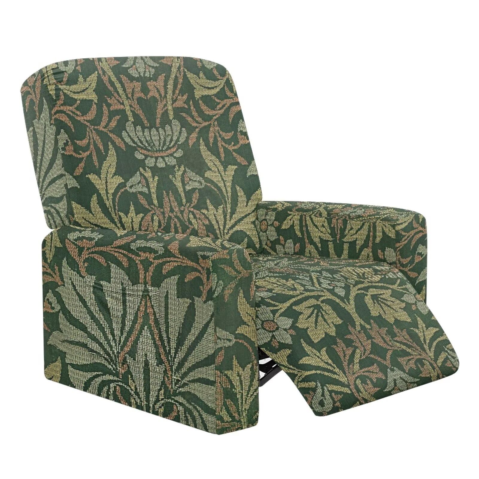 Buxolandt William Morris Original Design Recliner Chair Covers with Pockets for Electric Chair, 4 Pieces Stretch Recliner Sofa Slipcovers Non Slip Furniture Protector Green