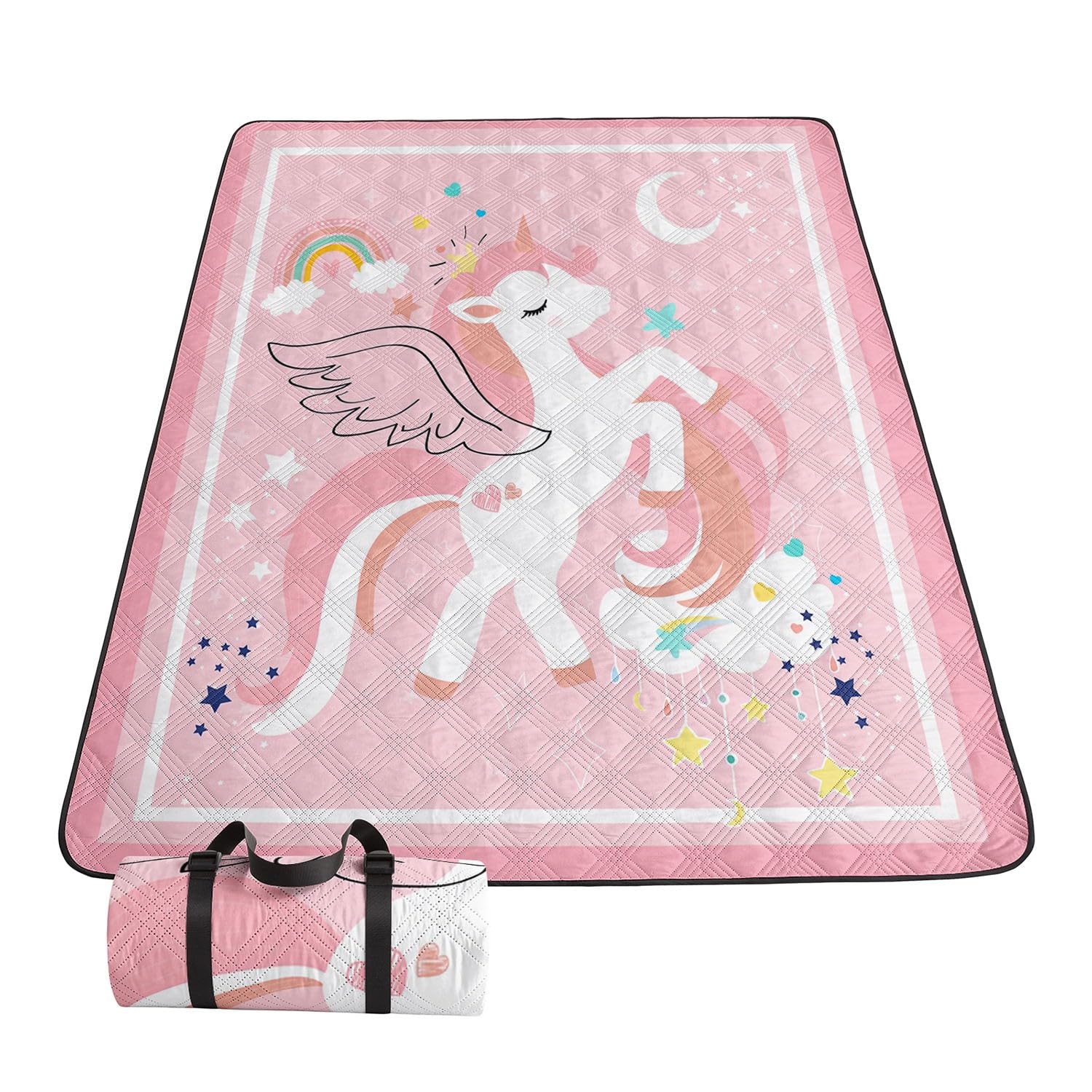 Smell Sunshine Outdoor Picnic Blanket,Portable Sandproof Waterproof Picnic Mat,Pink Unicorns Printed Camping Beach Mat for Sand and Wet Grass Hiking (