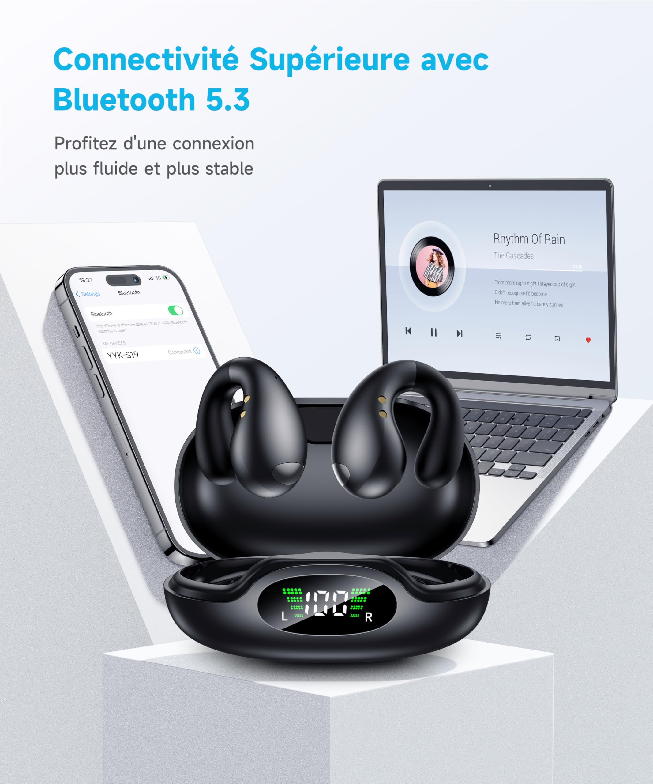 Écouteurs Bluetooth Sans Fil, Écouteurs Bluetooth 5.3 Ouverts, Casque Stéréo Sans Fil Avec Autonomie 50 Heures, Ecouteurs Ergonomiques à Clip Pour Le Sport, Étanchéité IPX7 Adaptée au Sport/Fitness