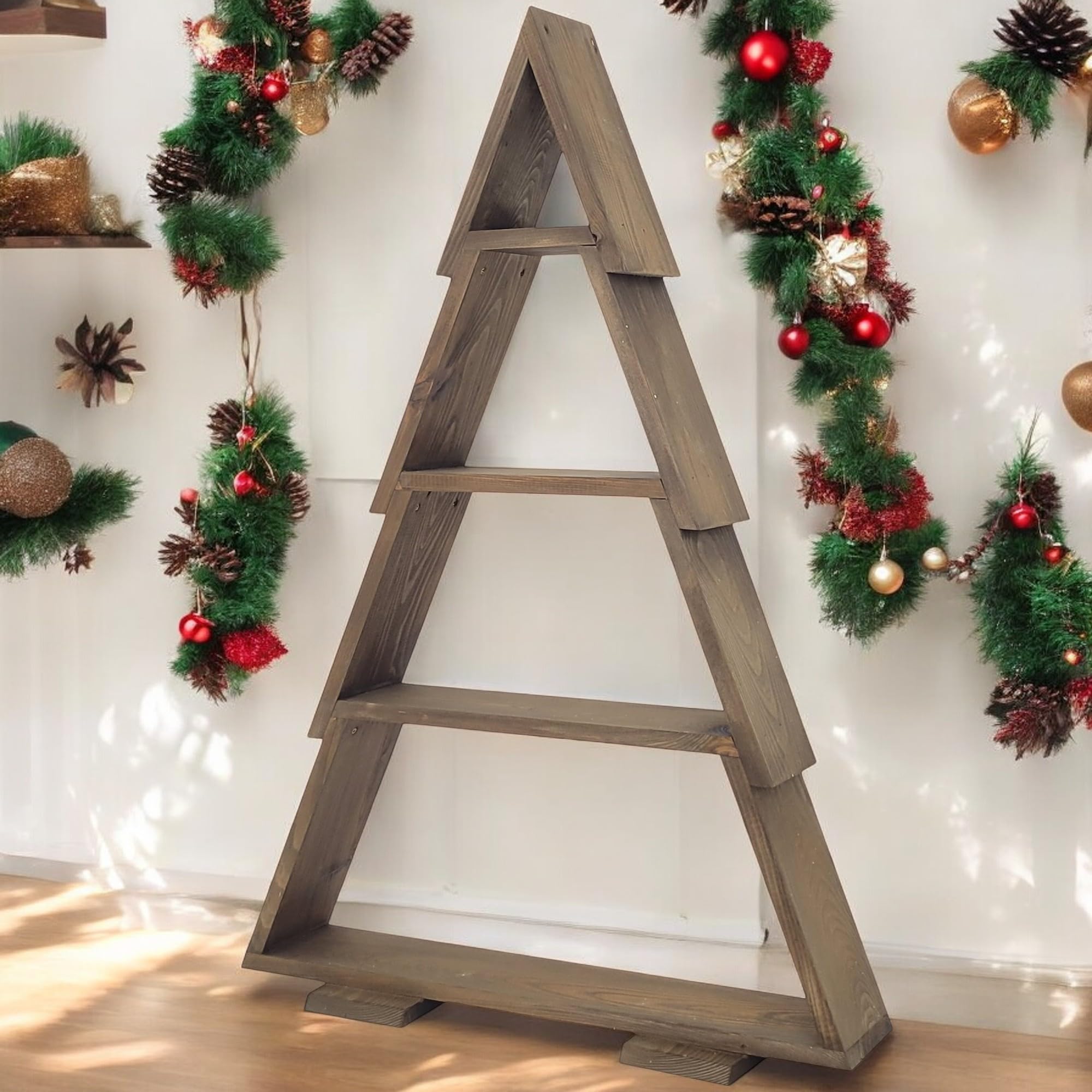 Weeco Árbol de Navidad de Madera XXL 110 x 67 cm Con 4 Estantes para Adornos - Decoración Hecha a Mano por Fuera y por Dentro - Figura Marrón Oscuro Wengué