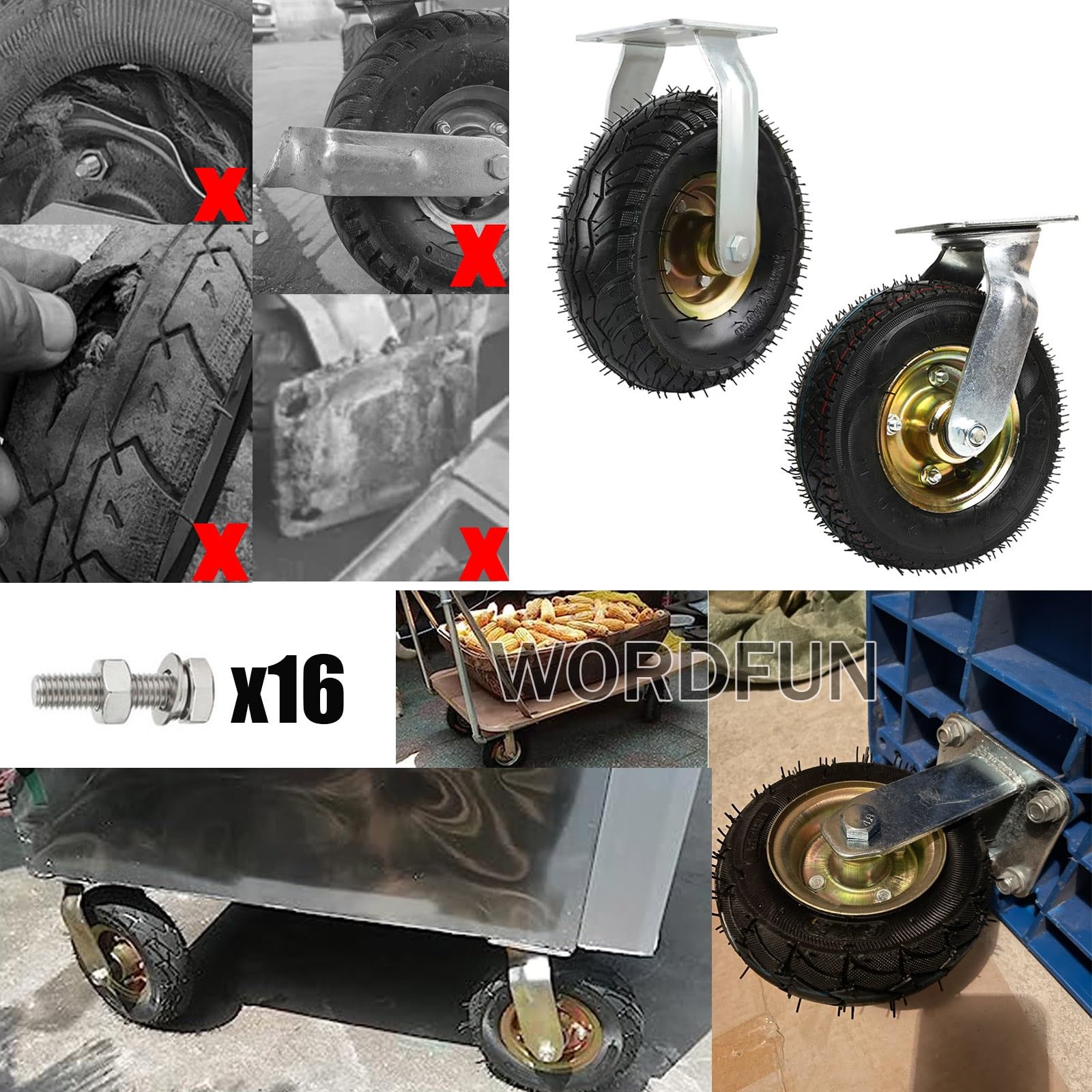 WORDFUN Ruote Girevoli Pesanti, Ruote per Carrello, Ruota Gonfiabile ​di Gomma, Look Industriale, Girevole A 360°, con Viti Inox, Ruote di Gomma per Carriola Ruote Pivottanti per Mobili