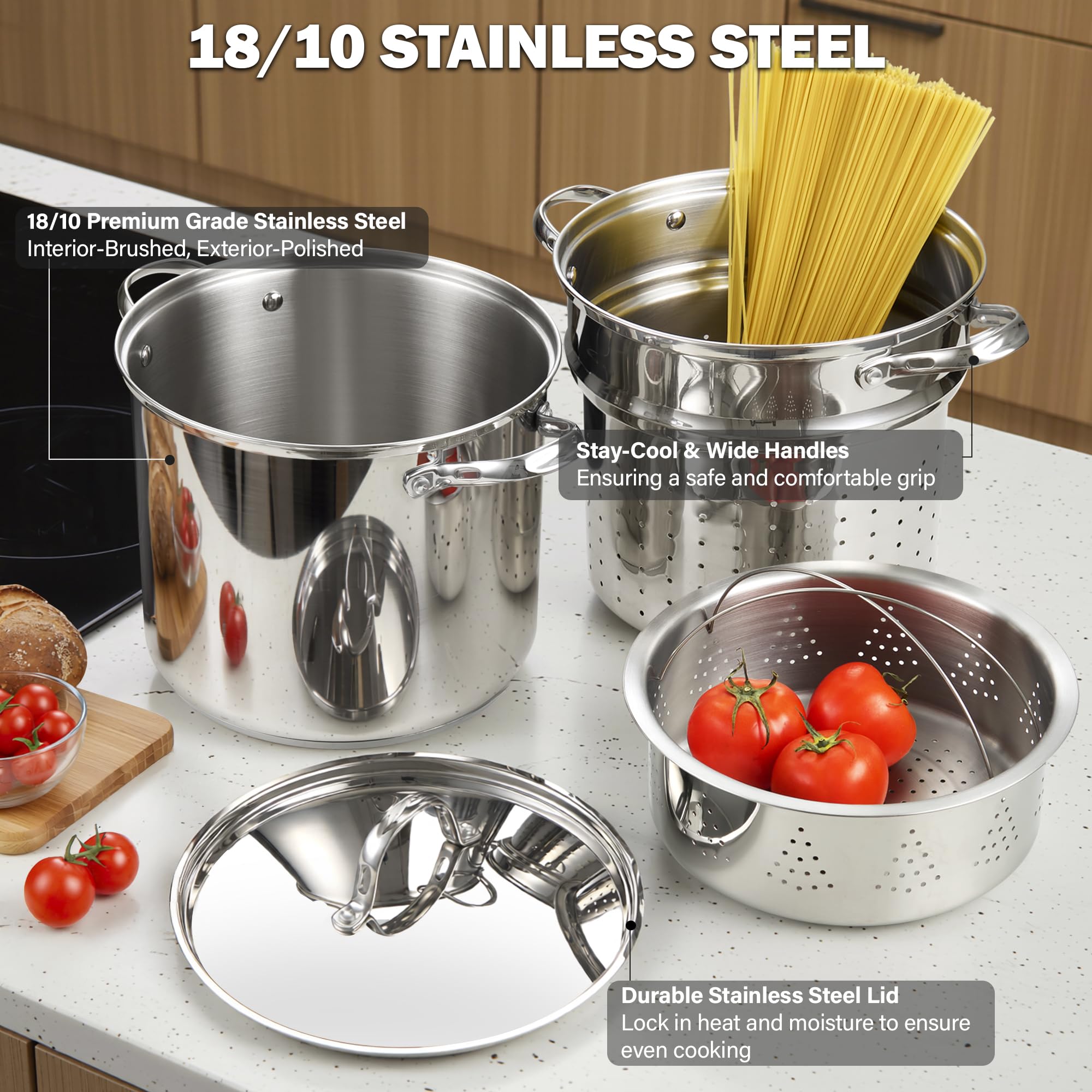 Cooks Standard Olla para pasta de acero inoxidable 18/10, 12 cuartos de galón, olla de espagueti, olla de vapor con inserto de colador, tapa de acero inoxidable, juego de 4 piezas