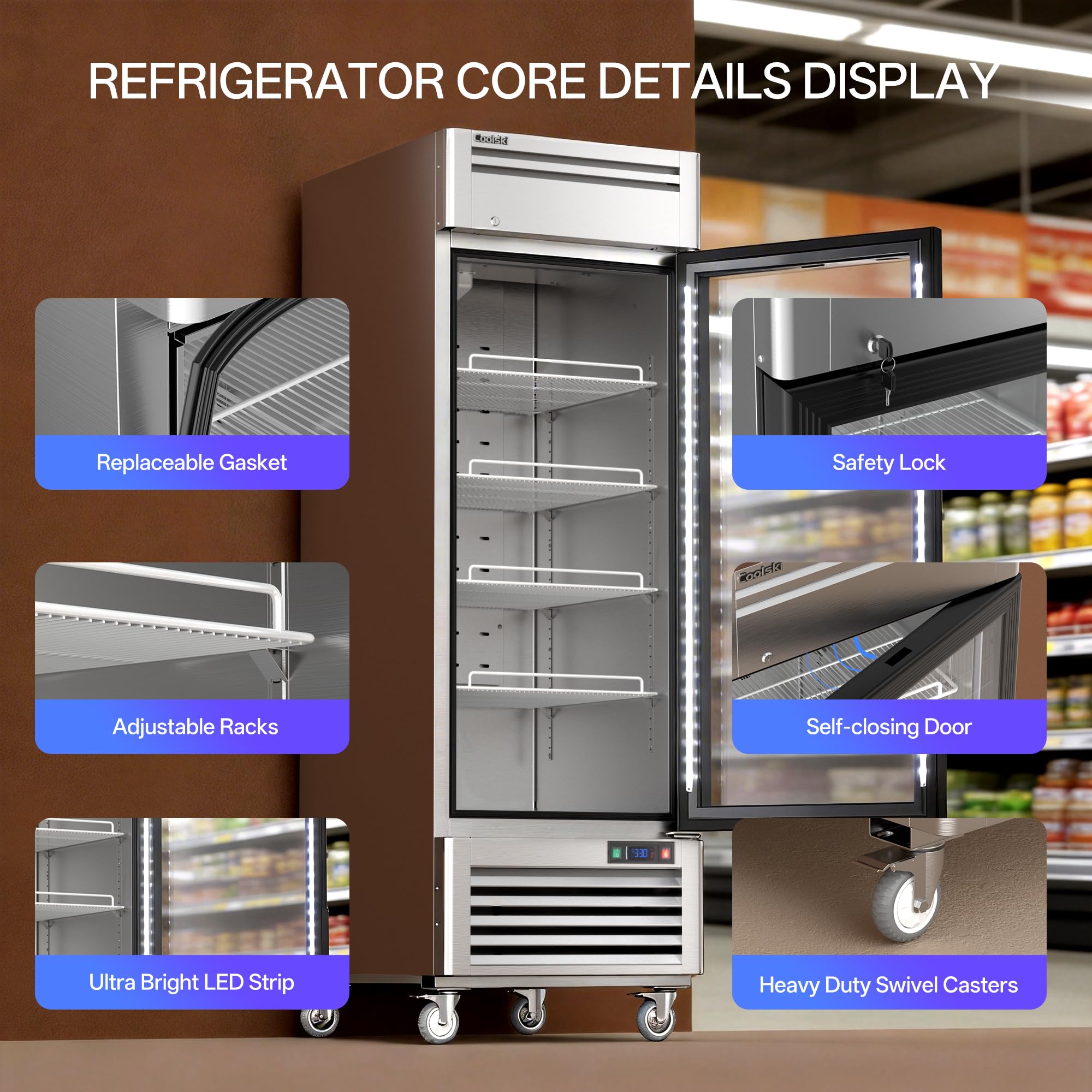 COOLSKI 27”W Commercial Single Door Beverage Refrigerator, 21.8 Cu.Ft Drink Display Fridge With Glass Door, Stainless Steel Merchandiser Cooler, For Shop Restaurant Store on Fridge.com - View 3