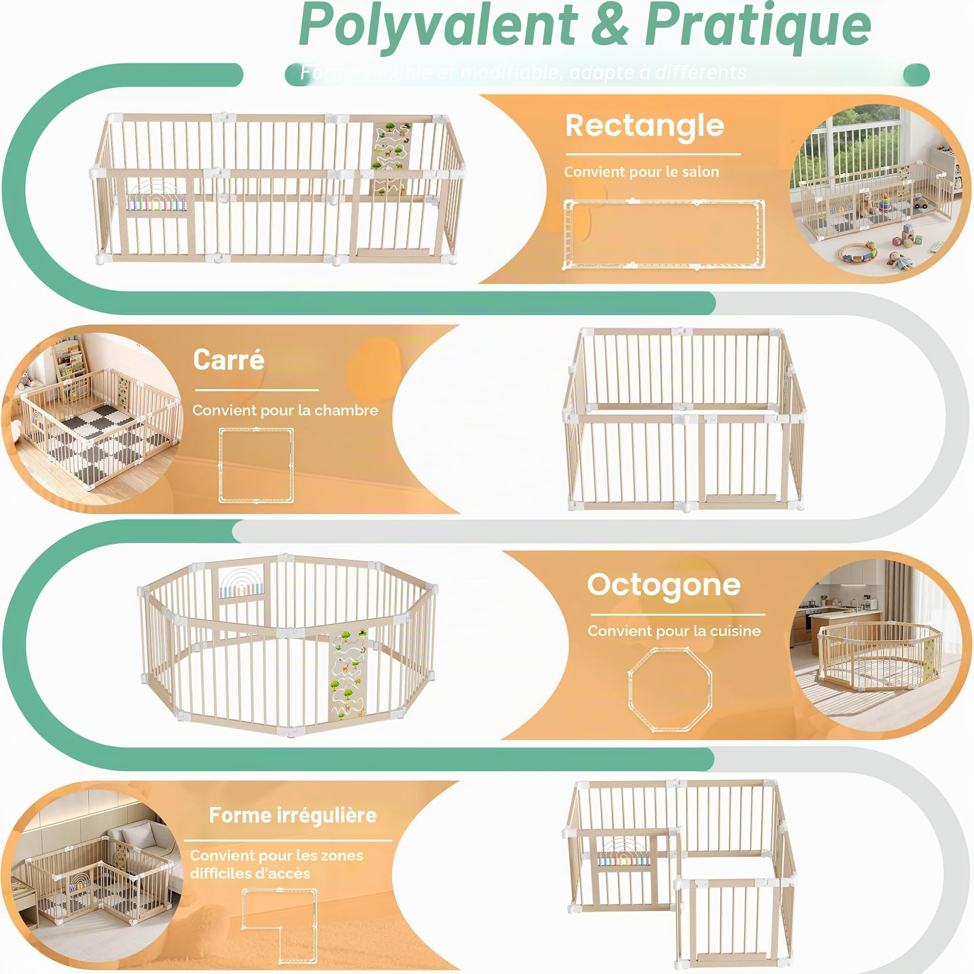 UISEBRT XXL Parc pour bébé en bois avec 2 centres de jeu, taille et forme ajustables, parc avec double sécurité, pliable, parc pour bébé avec 8 éléments, clôture de séparation pour bébés et jeunes