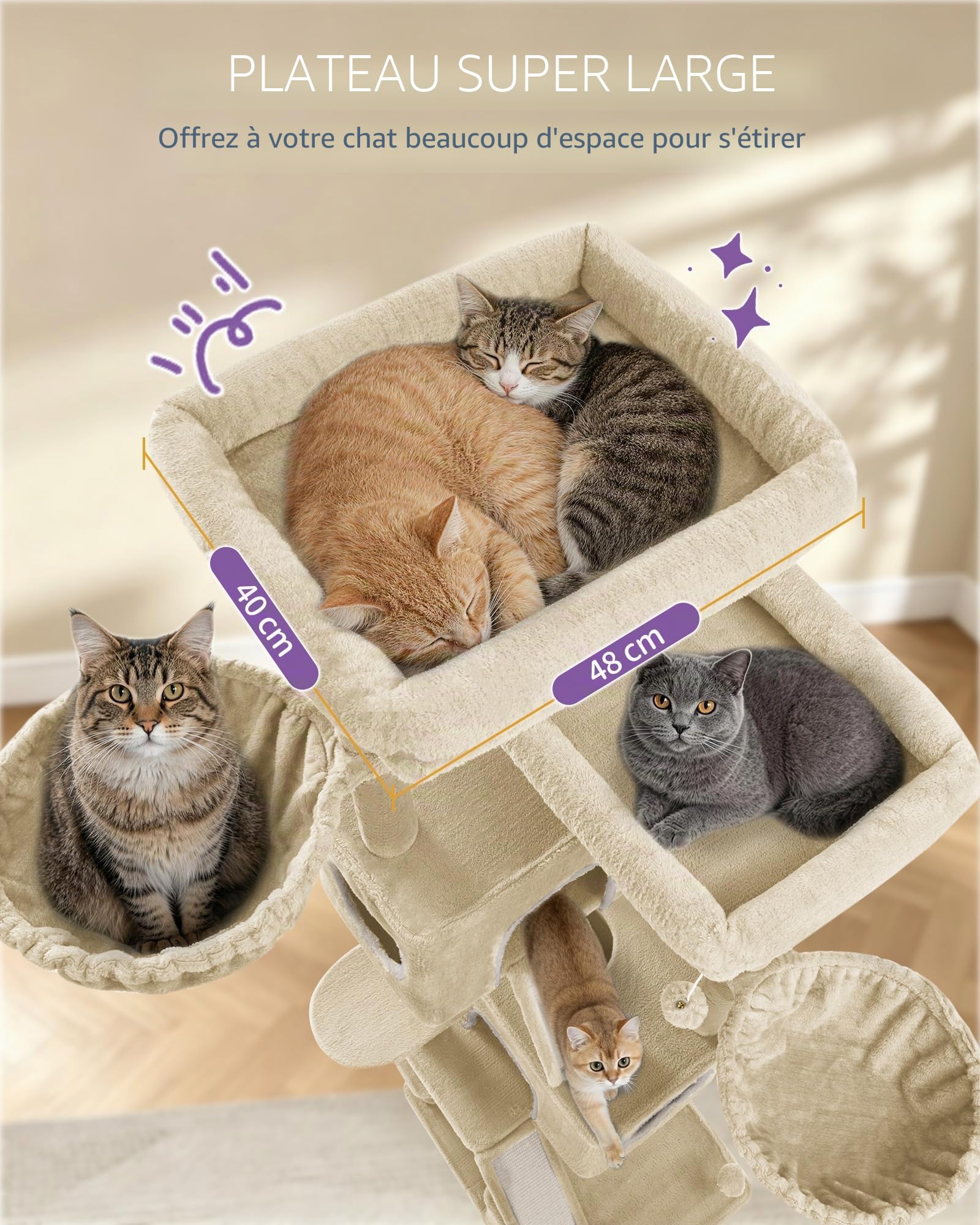 Hzuaneri Arbre à Chat, XXL, Hauteur 209 cm, avec 7 Griffoirs, 3 Niches, 2 Plateformes, 2 Planche à Gratter, Panier, Hamac, Balle en Peluche, Arbre à Chat à Plusieurs Niveaux, Beige MS20918YL