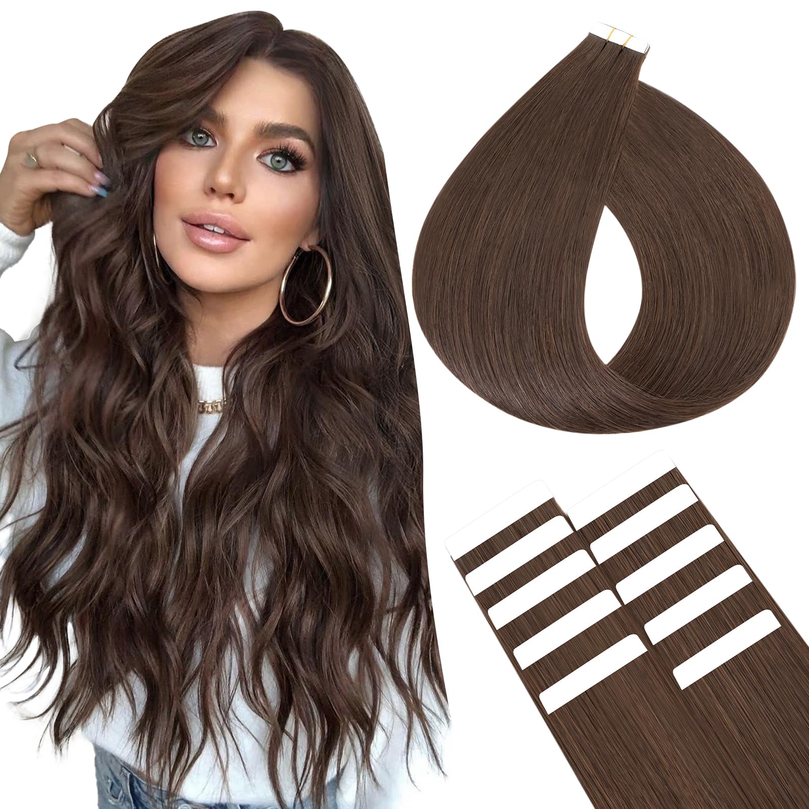 SEGOHAIR 10Pcs Human Hair Tape in Extensions, 18" Thin Tape Hair Extensions