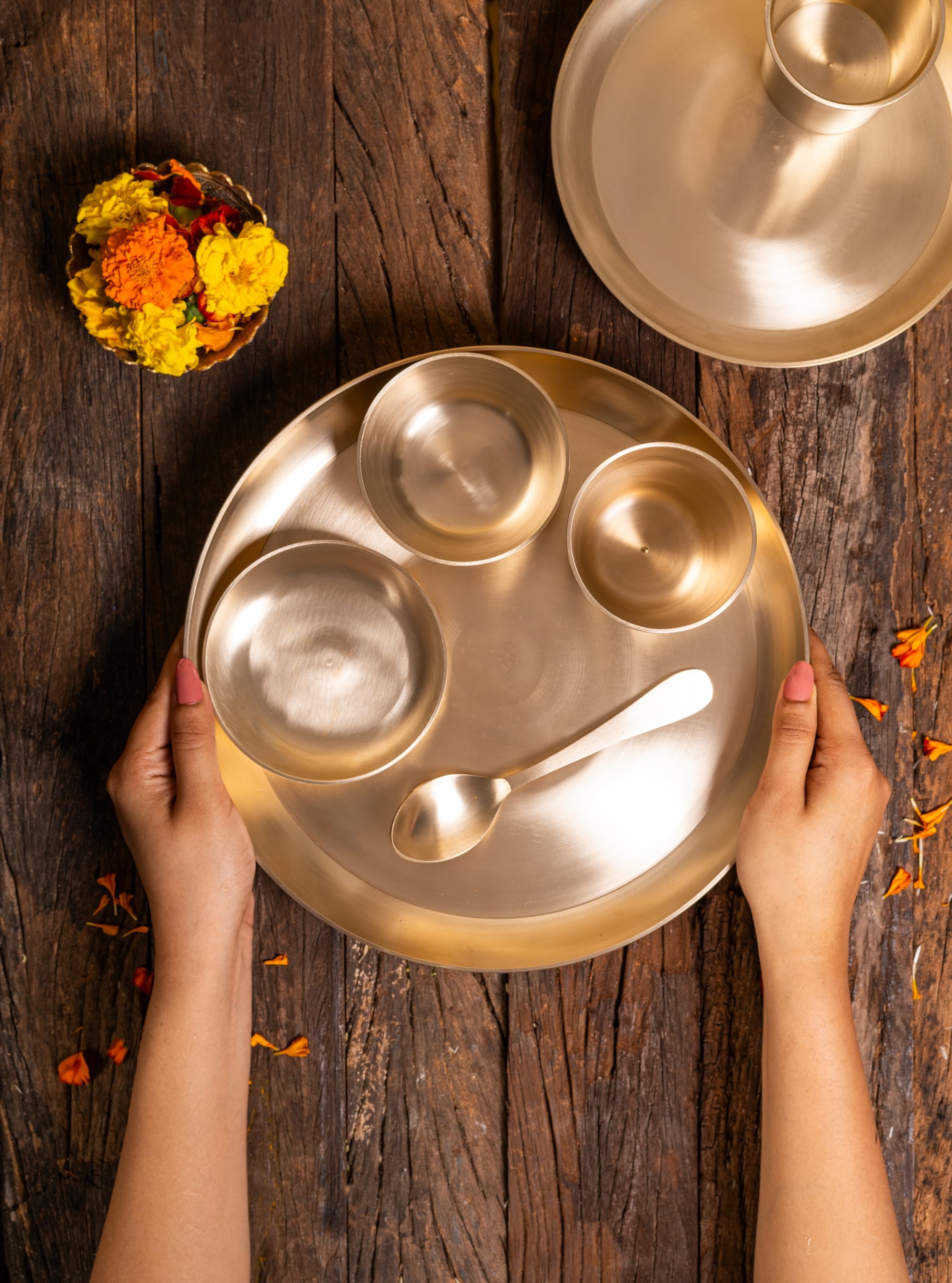 Photo 1 of Mittified Premium 5-Piece Pure Kansa Solid Dinner Set | Matte Finish | 1 Plate, 1 Spoon,1 Bowls,1 Dessert Bowl,1 Glass | Authentic Bronze Thali Set (????? ?? ???? ???) (12 Inch Plate)