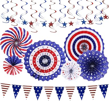 20Pcs 4th/Fourth of July Patriotic Decorations Set Independence Day Decor Red White Blue Paper Fans USA Flag Pennant Star Streamer Hanging Swirls Party Decor Supplies for Memorial Day, Flag Day
