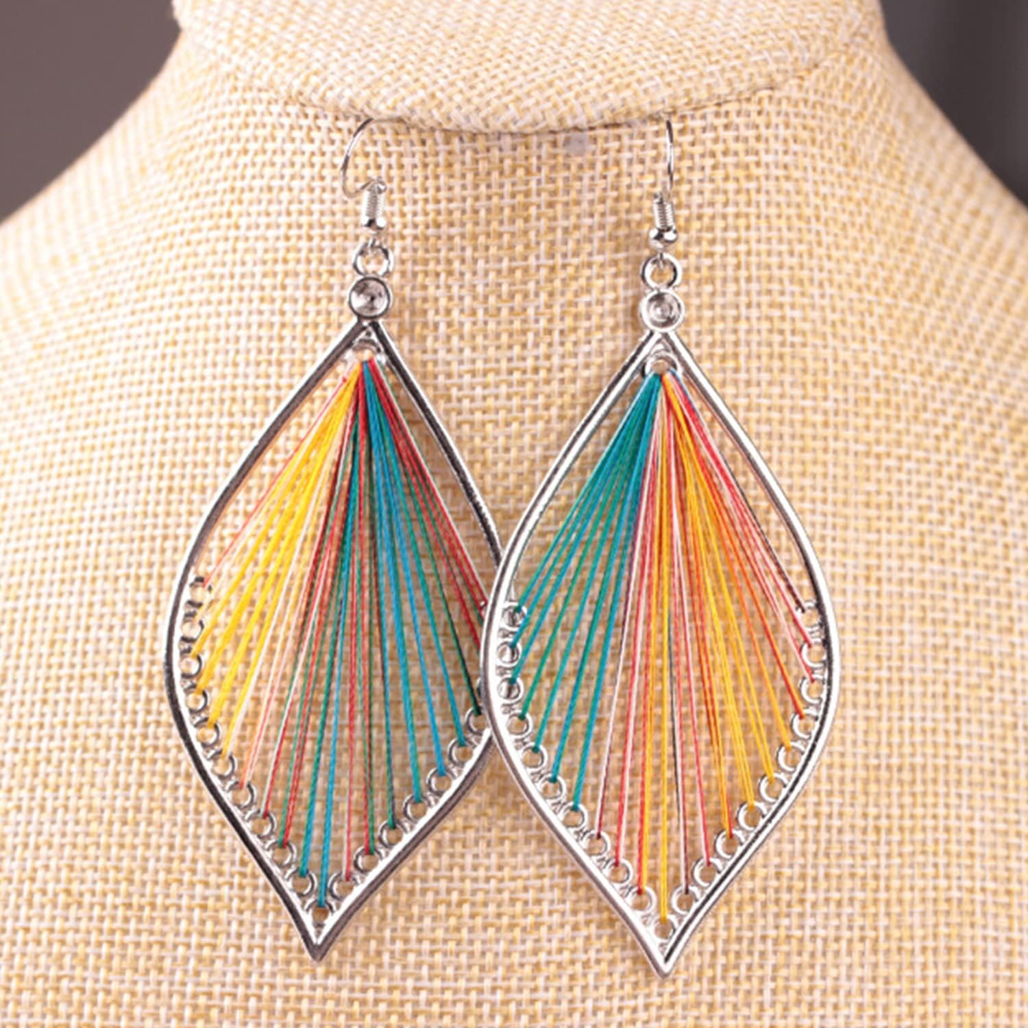 KaFu Boho handmade Braided Geometric Earrings for Women Colorful Layered Leaf Earrings Bohemian Vintage Dangle Drop Tassel Silver Earrings For Women Gifts - Image 5