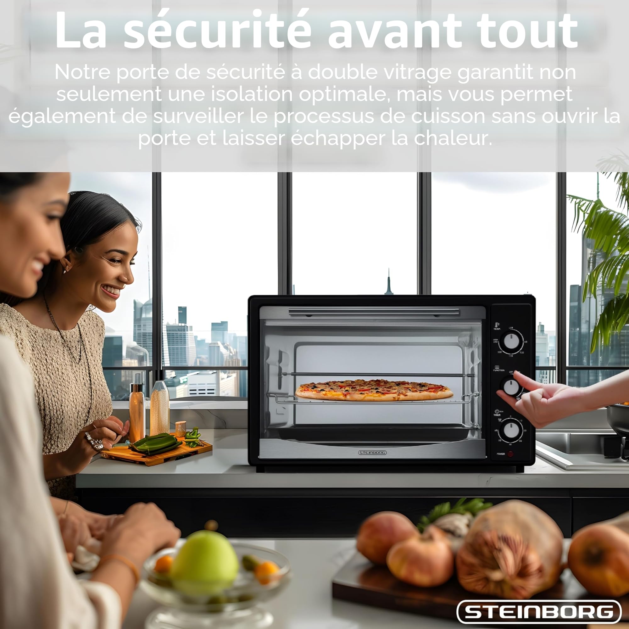 Mini four 45 l avec chaleur tournante | Tournebroche électrique | 1800 W | Four à chaleur tournante | Four à pizza | Éclairage intérieur | Avec plaque de cuisson et grille de cuisson | Mini four |