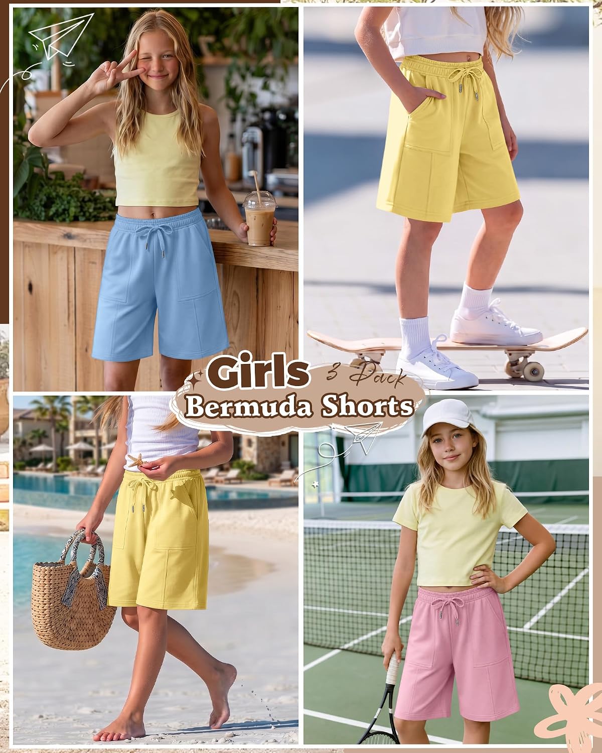 Xaatren 3 Pack Girls Bermuda Knee Length Shorts
